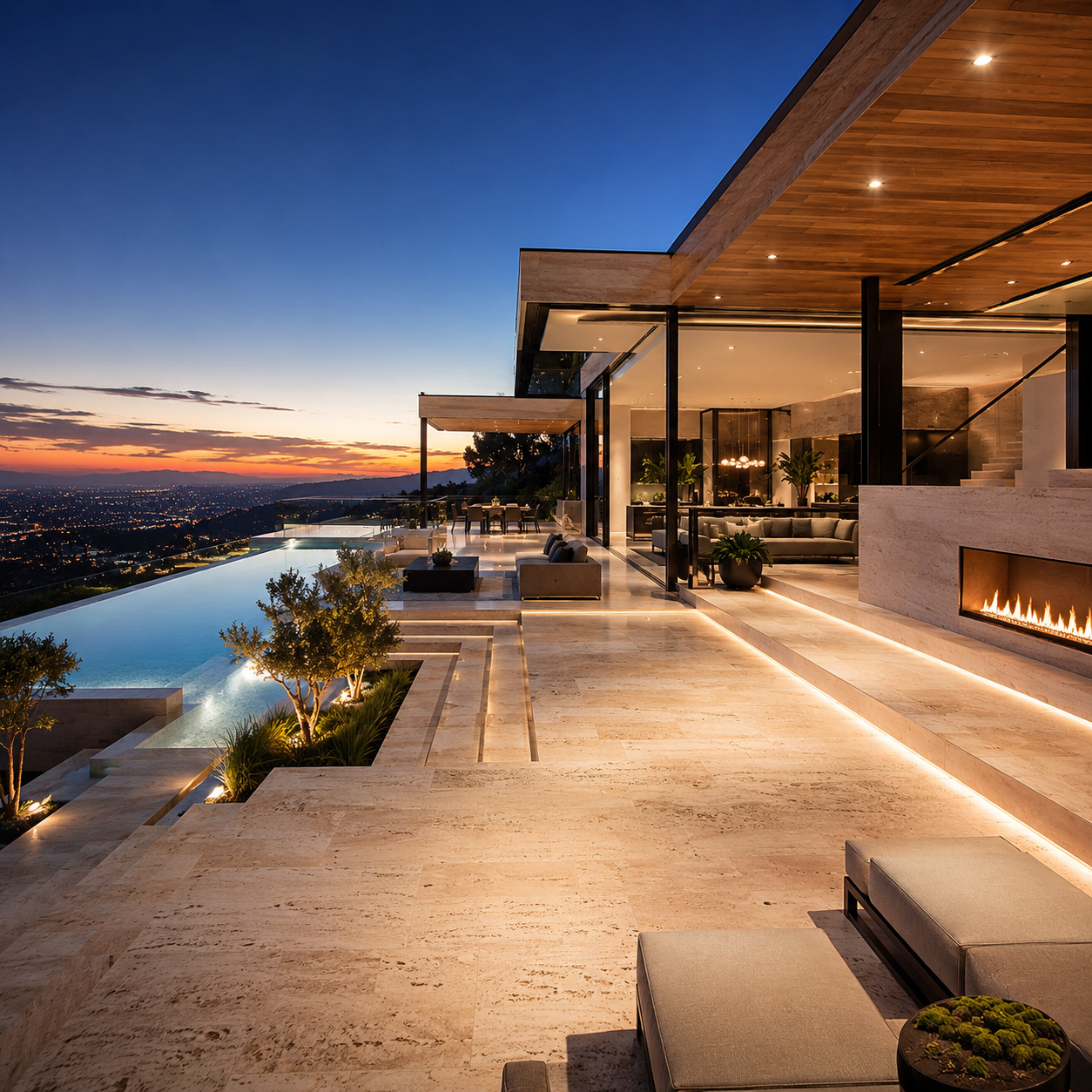 Professional travertine restoration in Vancouver and Los Angeles, renewing natural travertine surfaces through deep cleaning, honing, polishing, repair, and sealing.