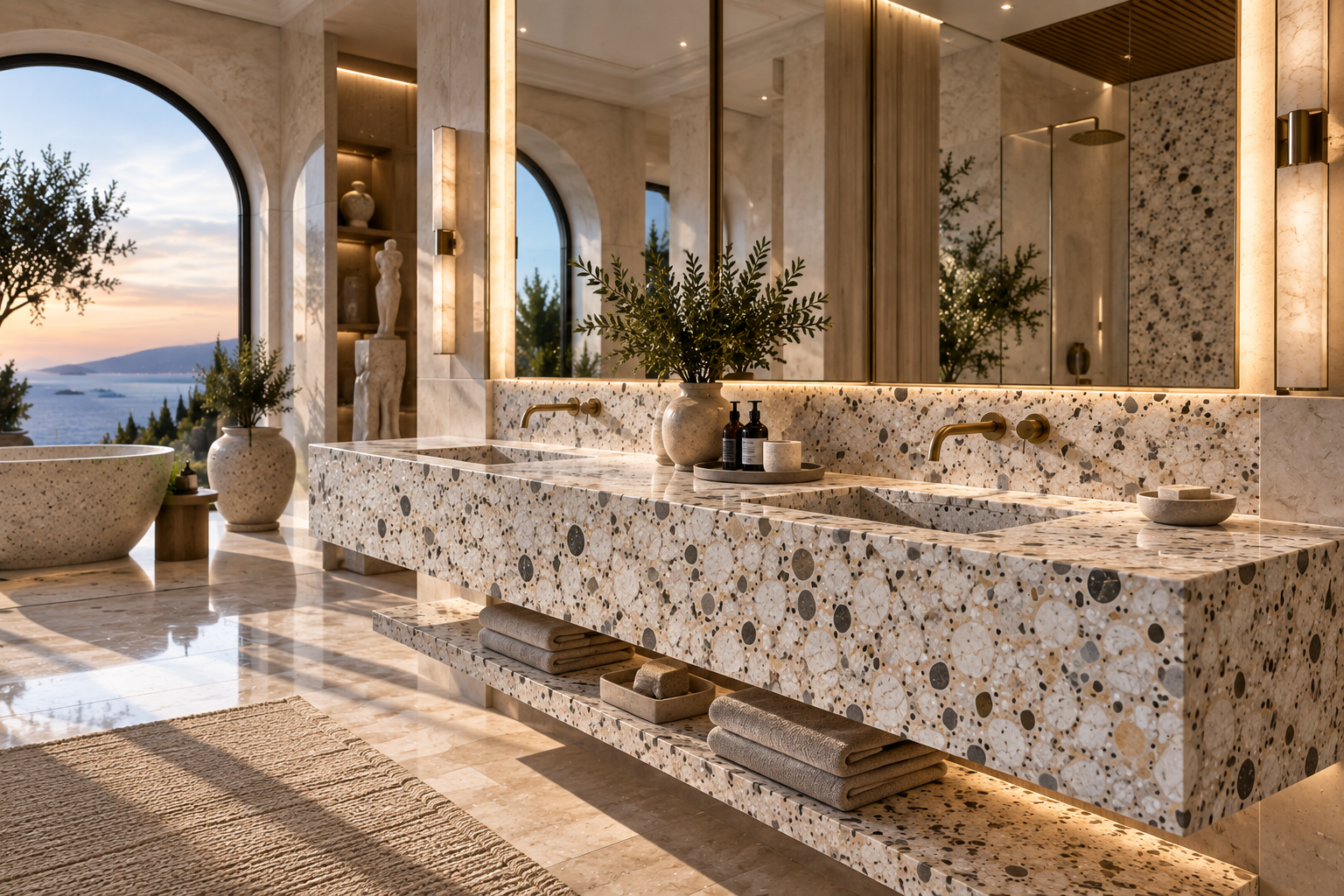 Custom terrazzo vanity installation featuring terrazzo stone aggregate, marble chips, a polished terrazzo surface, and a refined finish by Mr. Marble and Stone in Vancouver and Los Angeles.