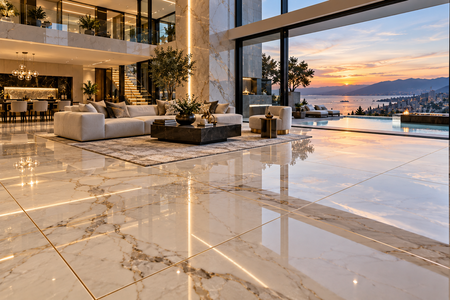 Luxury tiled floor with professionally applied epoxy grout, showcasing clean, seamless joints and a durable, waterproof, stain-resistant finish by Mr. Marble and Stone in Vancouver and Los Angeles.