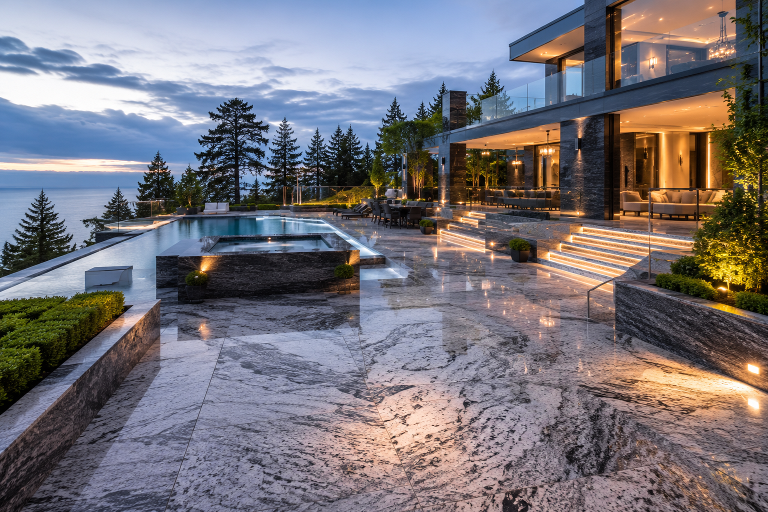 Granite exterior and patio restoration featuring restored Silver Cloud granite patio, granite pool surround, and luxury modern mansion outdoor living space with professionally refinished natural stone surfaces.