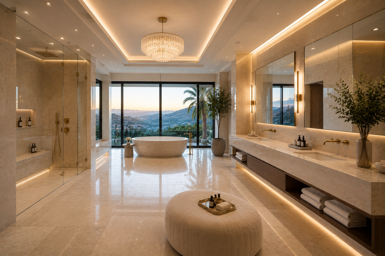 Luxury limestone vanity sealing in a modern limestone-clad mansion bathroom. Professional limestone sealing by Mr. Marble and Stone in Vancouver, BC and Los Angeles, CA.