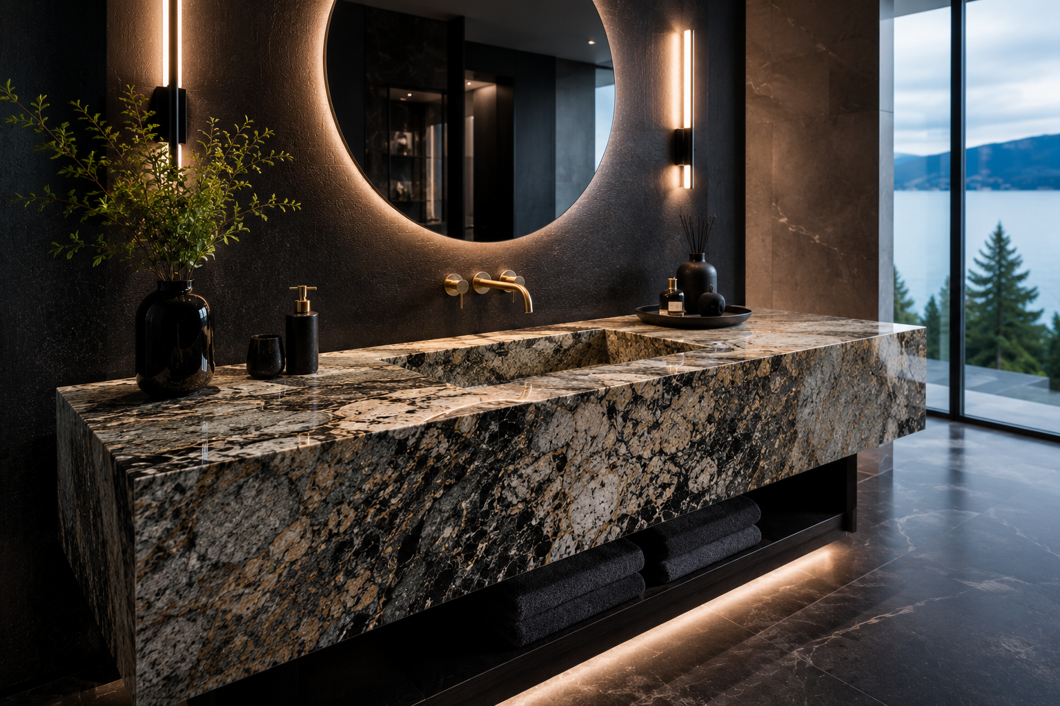 Granite vanity sealing featuring a one-piece polished Titanium Granite vanity with an integrated sink in a luxury modern mansion bathroom with premium natural stone finishes and custom contemporary design.