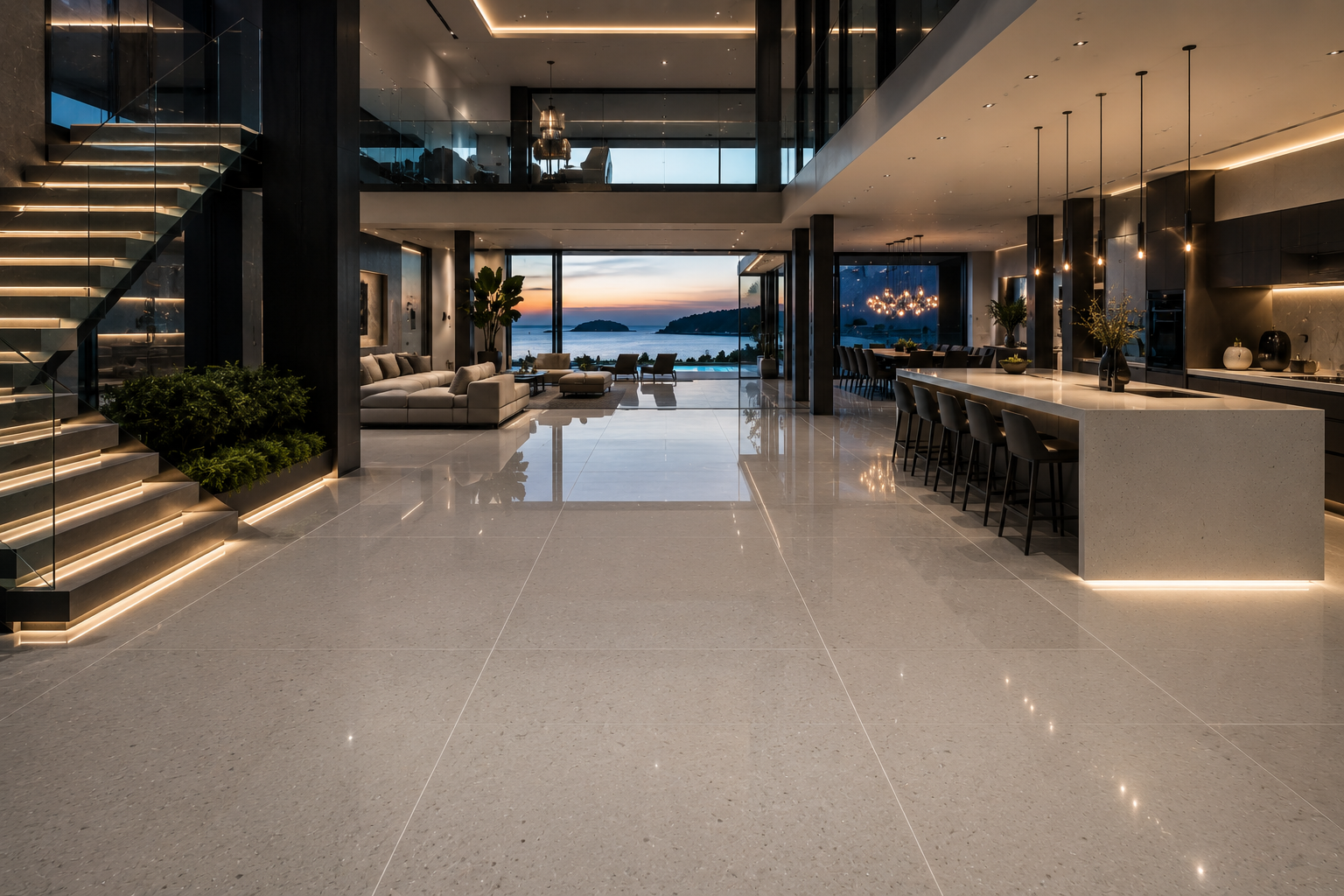 Engineered stone floor sealing by Mr. Marble and Stone in luxury homes across Vancouver and Los Angeles.