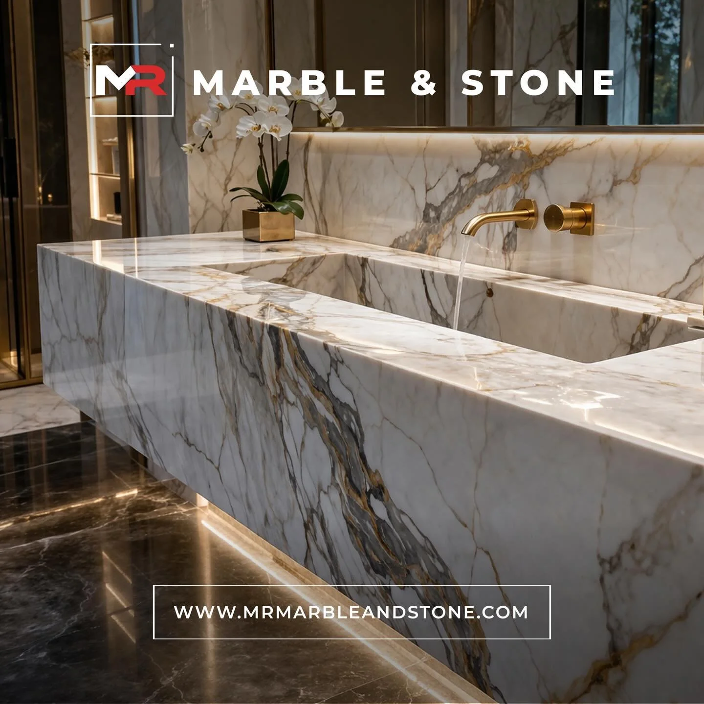 This custom solid marble vanity with an integrated stone sink was fully restored using our professional marble grinding and polishing process. Over time, the vanity had developed dull areas, water marks, etching, fine scratches, soap buildup, and sur