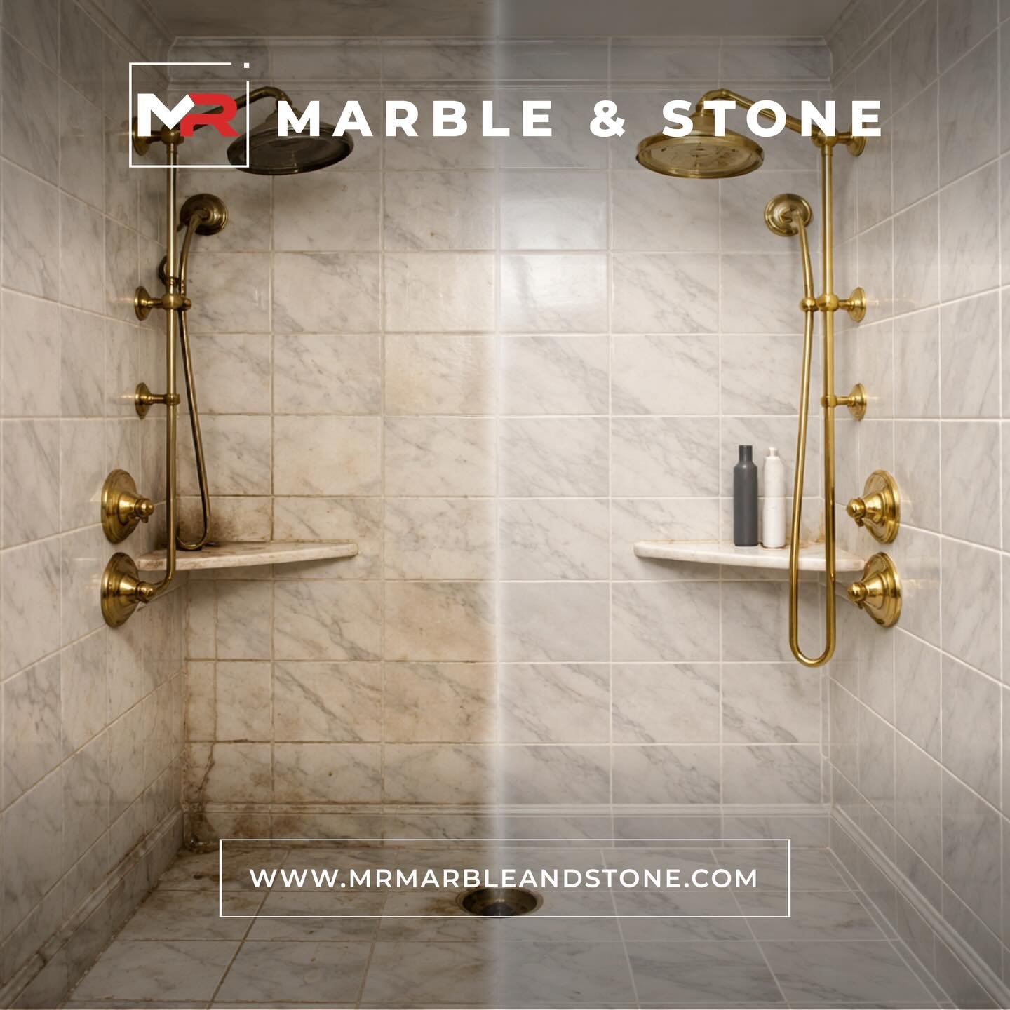 This stunning marble shower restoration project by Mr. Marble and Stone showcases the dramatic transformation that expert natural stone care can achieve. On one side, the marble shower had lost its original elegance, with dull stone surfaces, soap sc