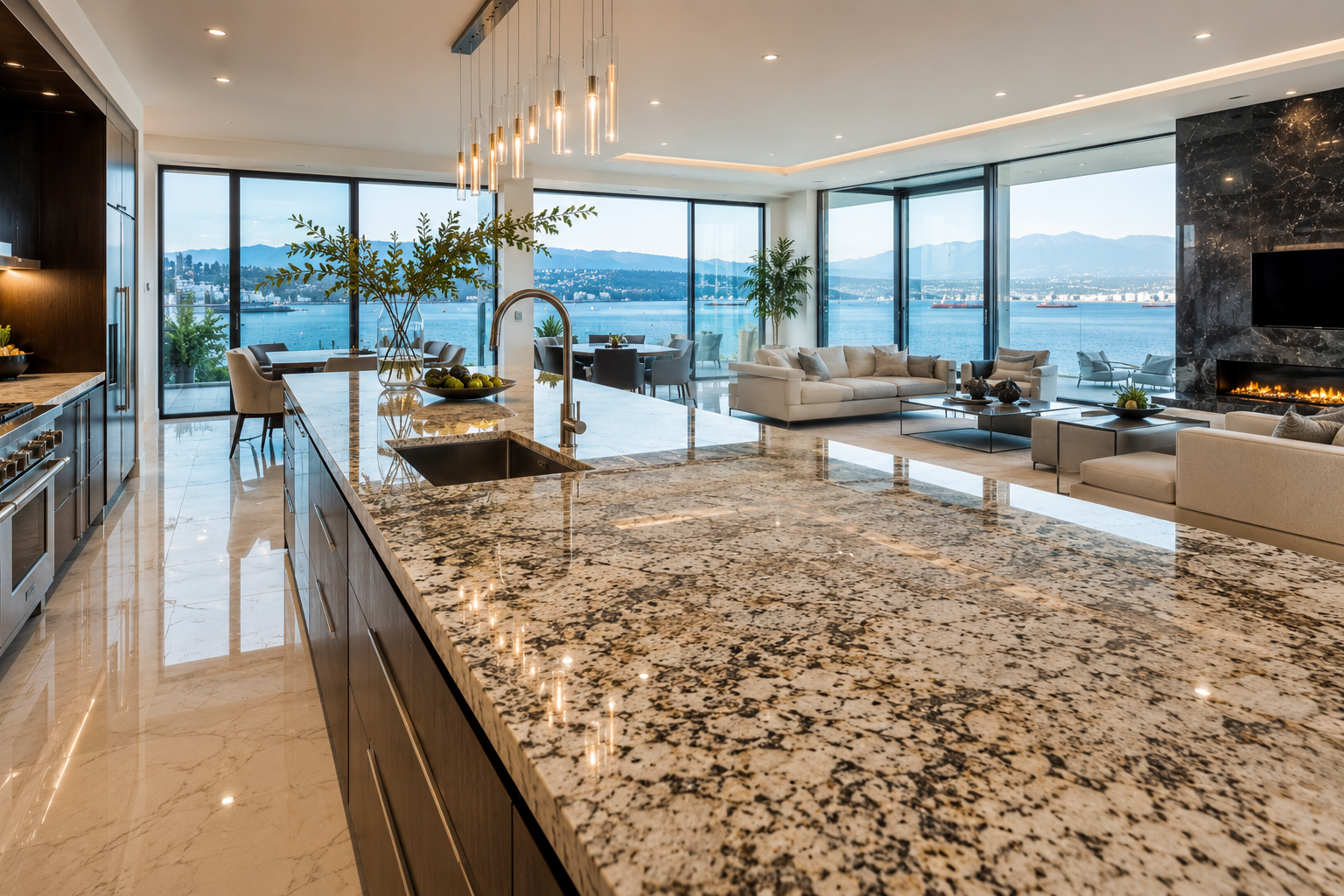 Professional granite countertop restoration in a luxury modern kitchen featuring restored natural granite countertops, premium stone refinishing, and stunning waterfront mansion views.