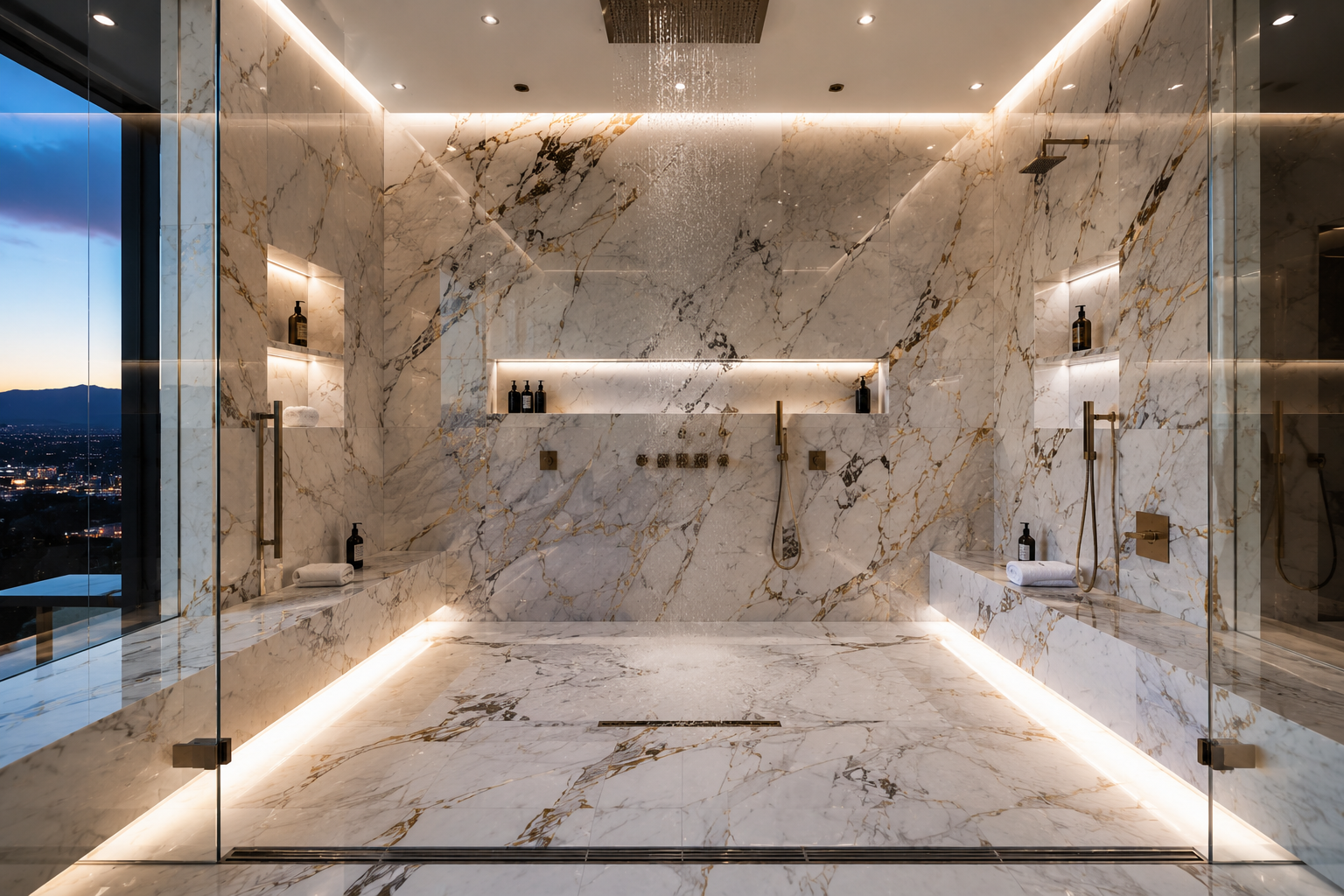 Marble shower installation by Mr. Marble and Stone in Vancouver and Los Angeles, specializing in luxury custom marble showers and expert stone installation.