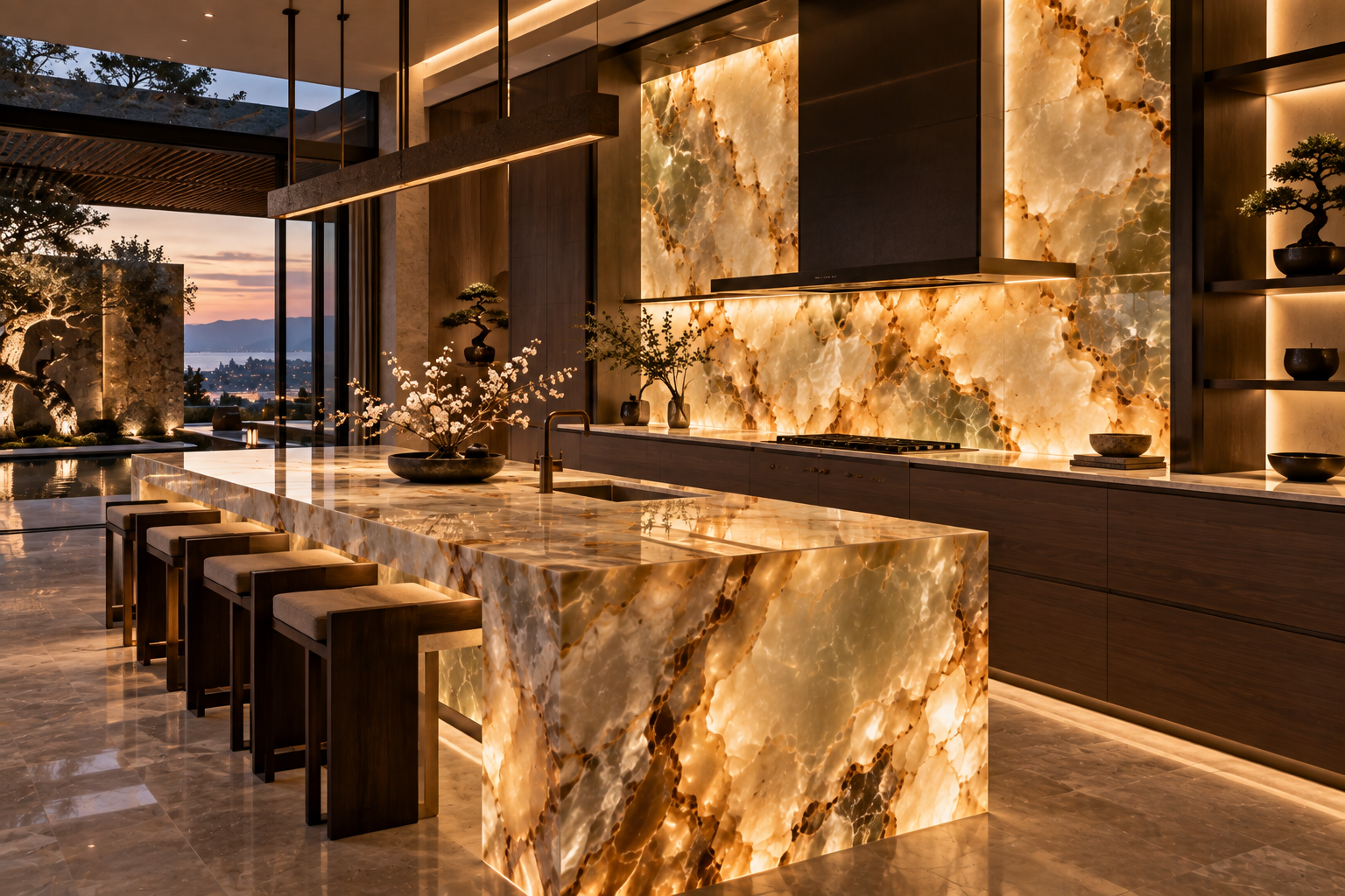 Mr. Marble and Stone onyx backsplash installation in Vancouver and Los Angeles, featuring natural veining and a refined polished finish.