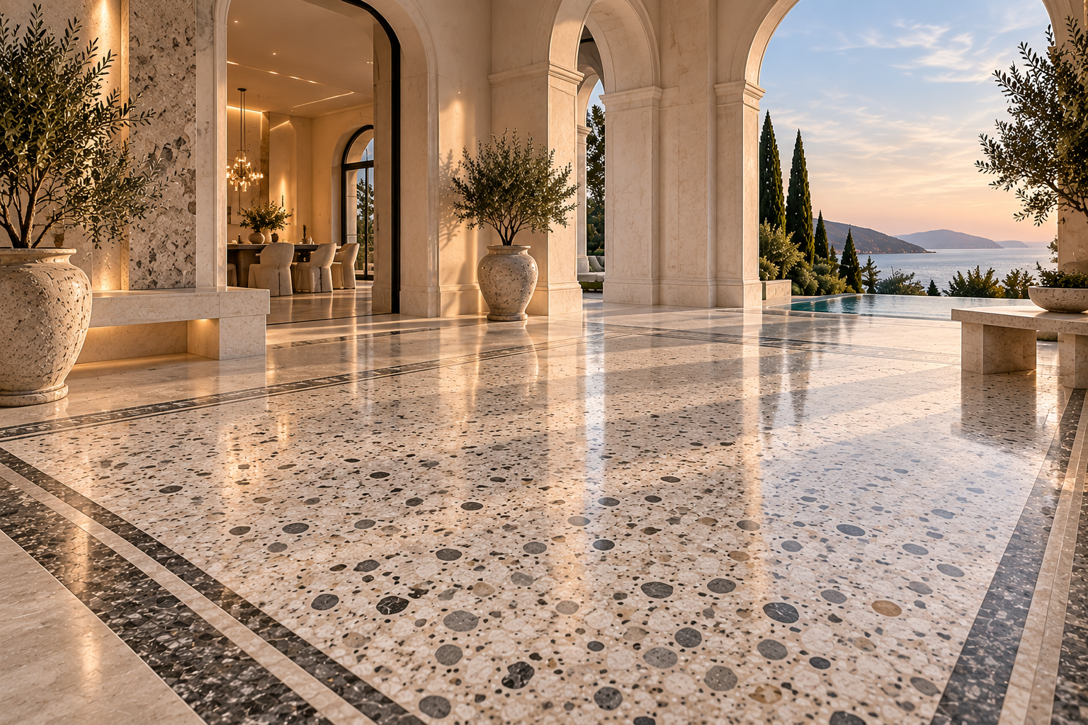 Terrazzo floor installation by Mr. Marble and Stone in Vancouver and Los Angeles, featuring custom stone aggregate, polished finishes, and timeless luxury flooring for residential and commercial interiors.
