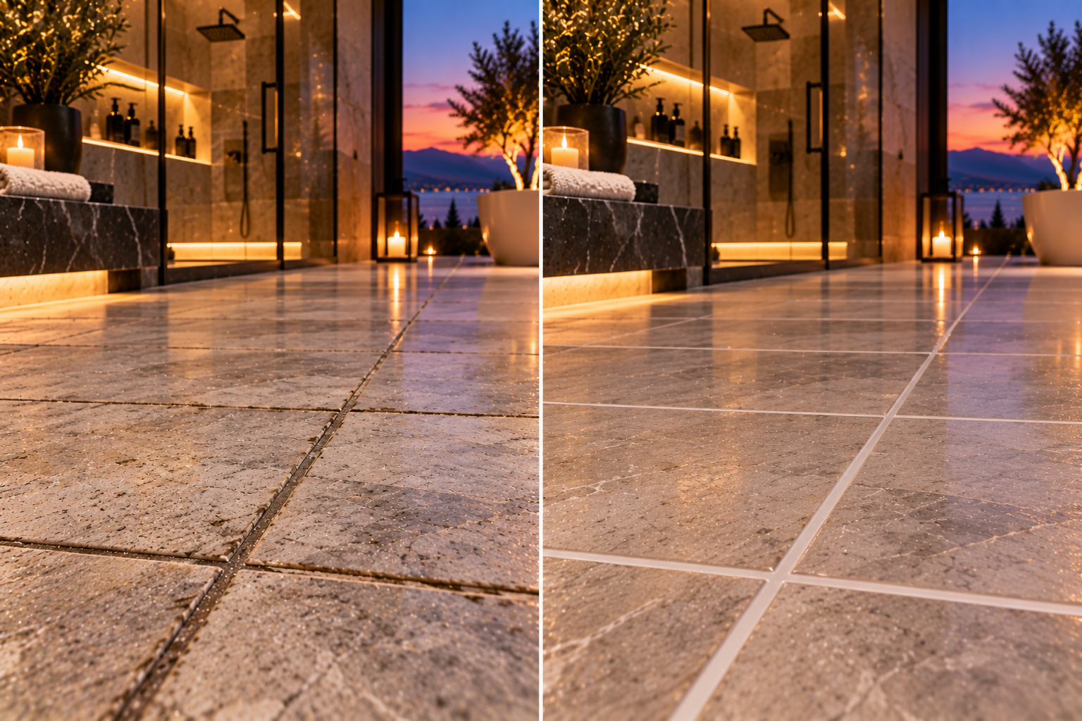 Mr. Marble and Stone grout refresh in Vancouver and Los Angeles, revitalizing faded, stained, and worn grout with professional cleaning, recoloring, touch-ups, and sealing for a renewed finish.
