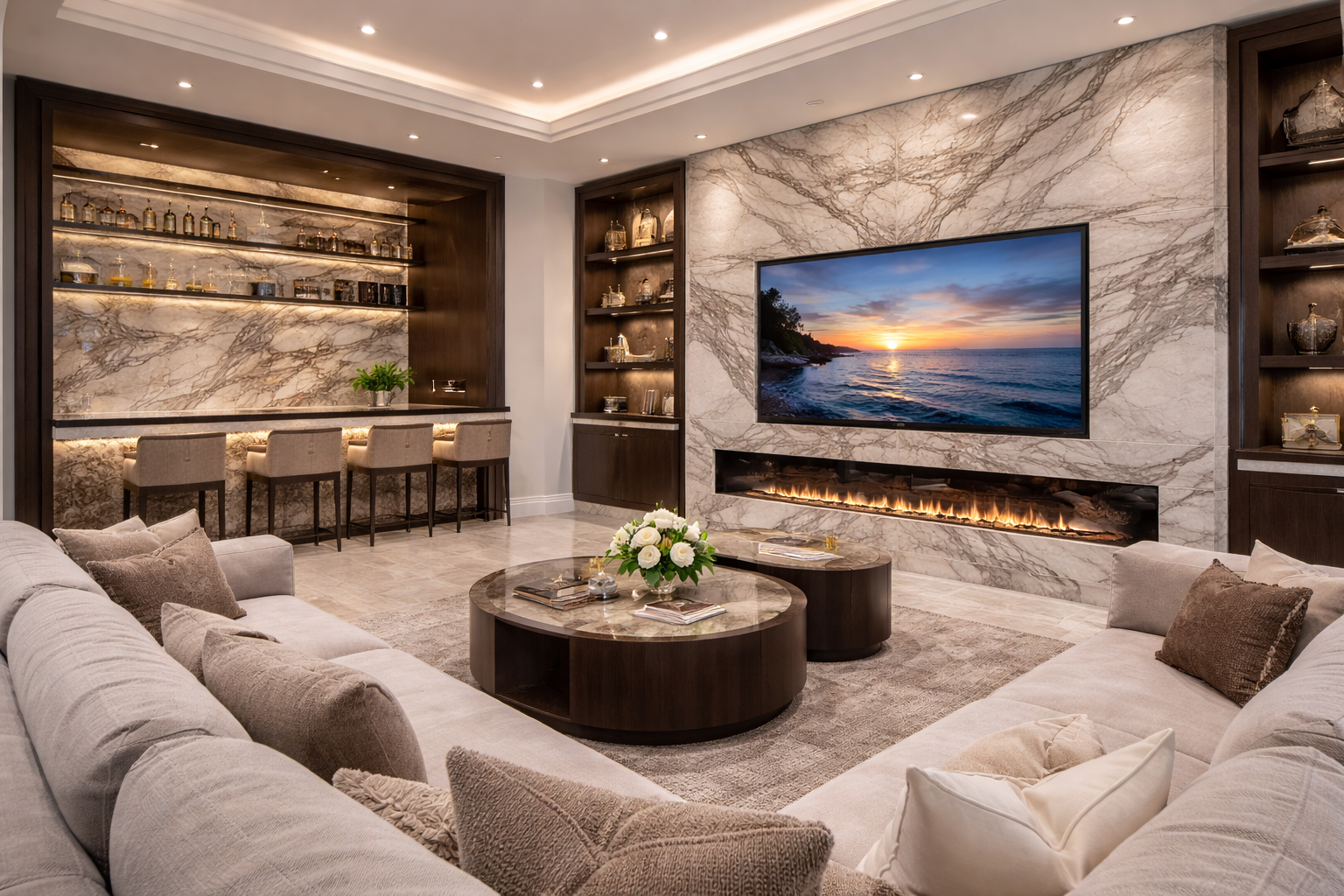 Quartzite slab installation, quartzite countertops, quartzite waterfall islands, bookmatched quartzite feature walls, outdoor BBQ countertops, fireplace surrounds, and custom quartzite fabrication by Mr. Marble and Stone for luxury Vancouver homes