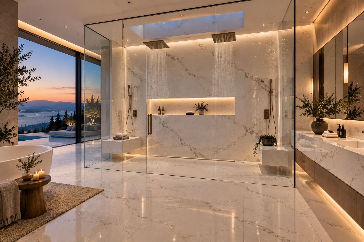 Quartz shower installation by Mr. Marble & Stone in Vancouver and Los Angeles, featuring custom quartz shower walls and surfaces for a sleek, durable bathroom design.