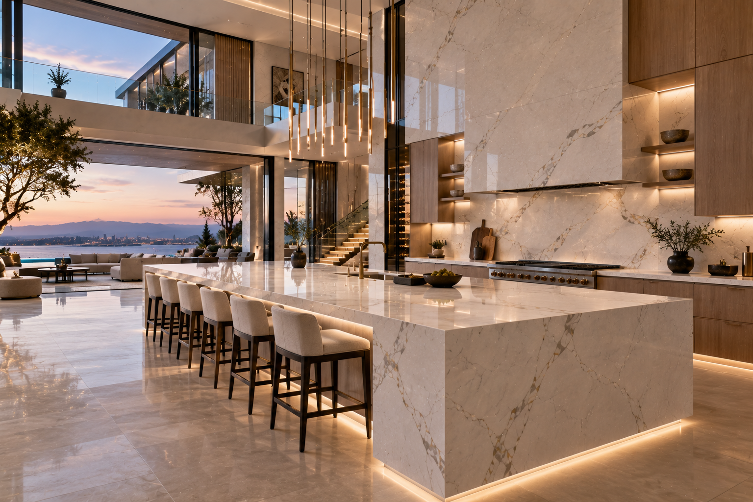 Luxury quartz fireplace installation by Mr. Marble & Stone in Vancouver and Los Angeles, featuring custom quartz surrounds and dramatic architectural detailing for an upscale mansion interior.