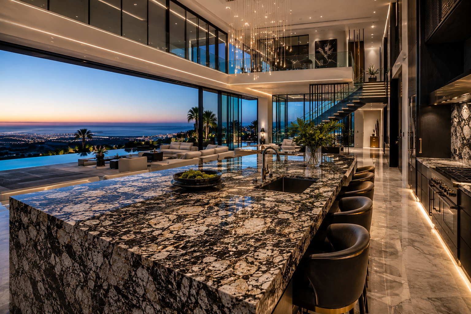 Luxury granite restoration in a modern mansion by Mr. Marble and Stone, serving Vancouver and Los Angeles, showcasing professionally restored and polished granite surfaces.