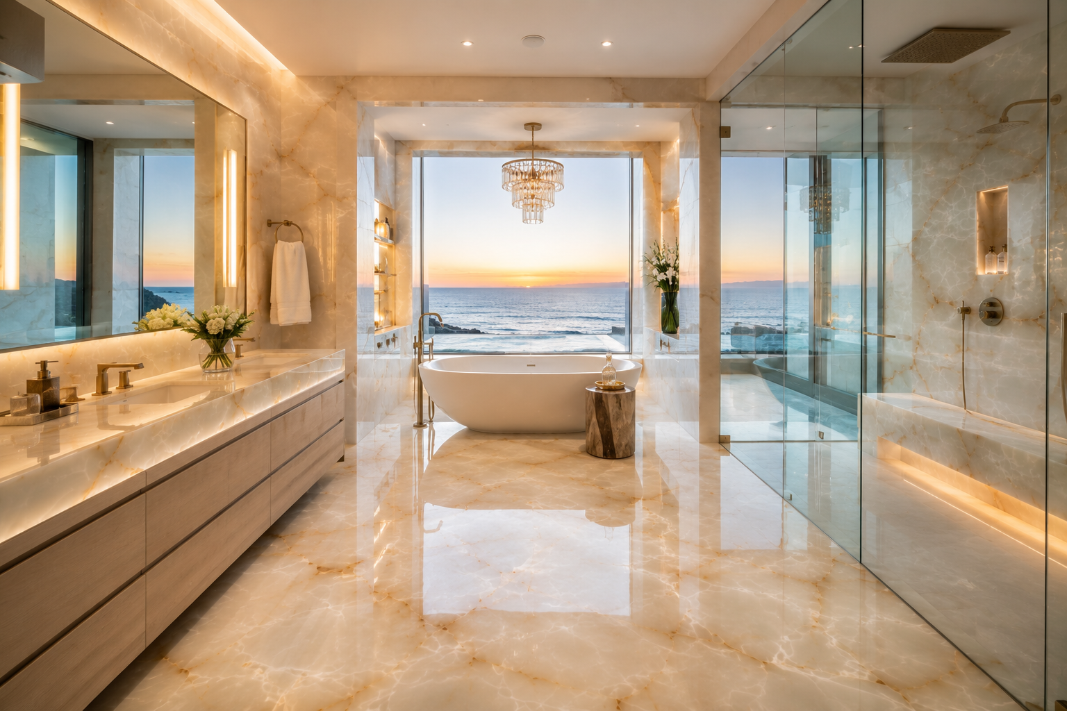 Onyx bathroom polishing by Mr. Marble and Stone in Vancouver and Los Angeles.