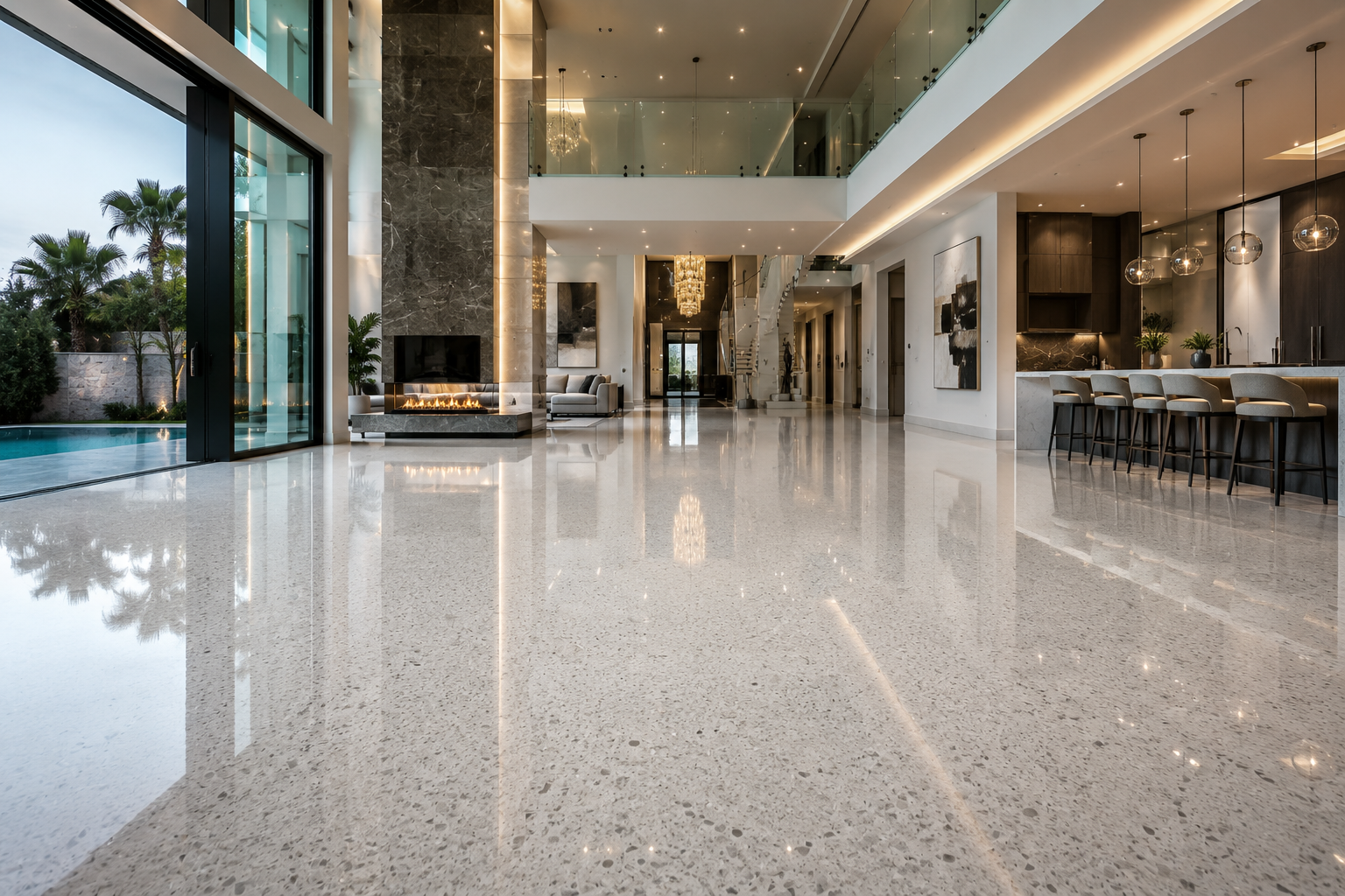 Mr. Marble and Stone quartz floor restoration for luxury homes and commercial properties in Los Angeles, California and Vancouver, British Columbia.