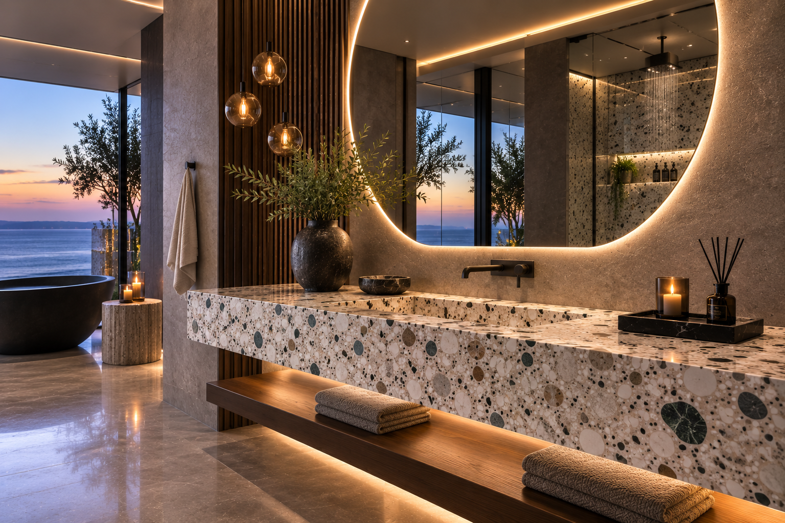Terrazzo vanity sealing, terrazzo vanity cleaning, terrazzo vanity polishing, and terrazzo vanity restoration by Mr. Marble and Stone in Vancouver and Los Angeles.