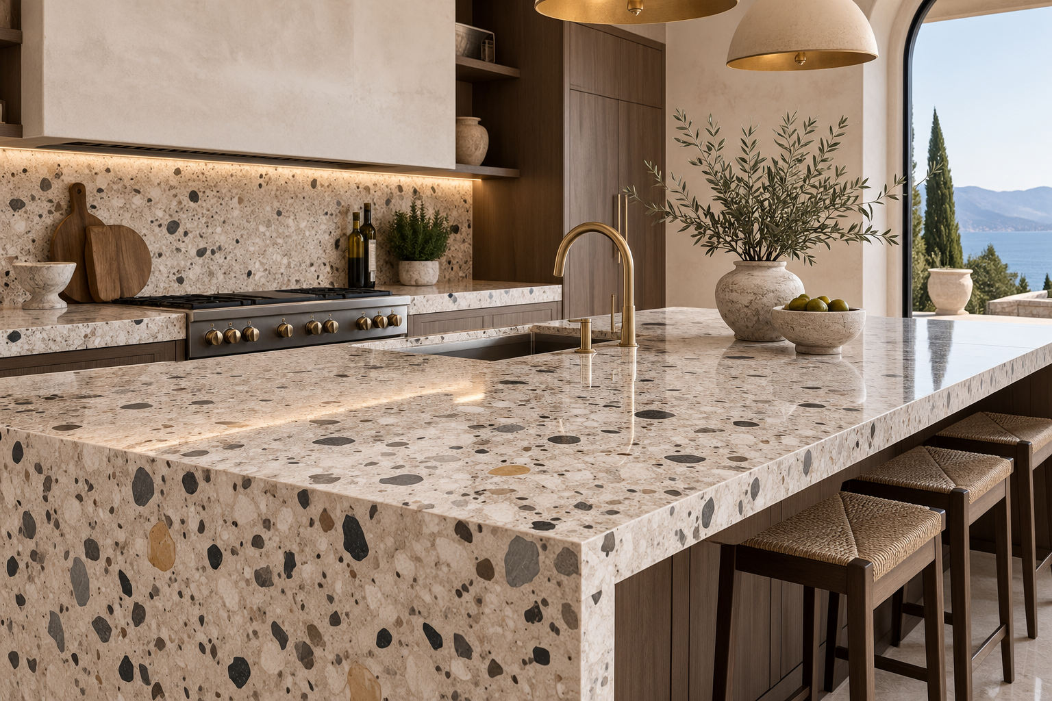 Custom terrazzo countertop featuring terrazzo stone chips, marble aggregate, polished terrazzo surface, and a durable luxury finish by Mr. Marble and Stone in Vancouver and Los Angeles.