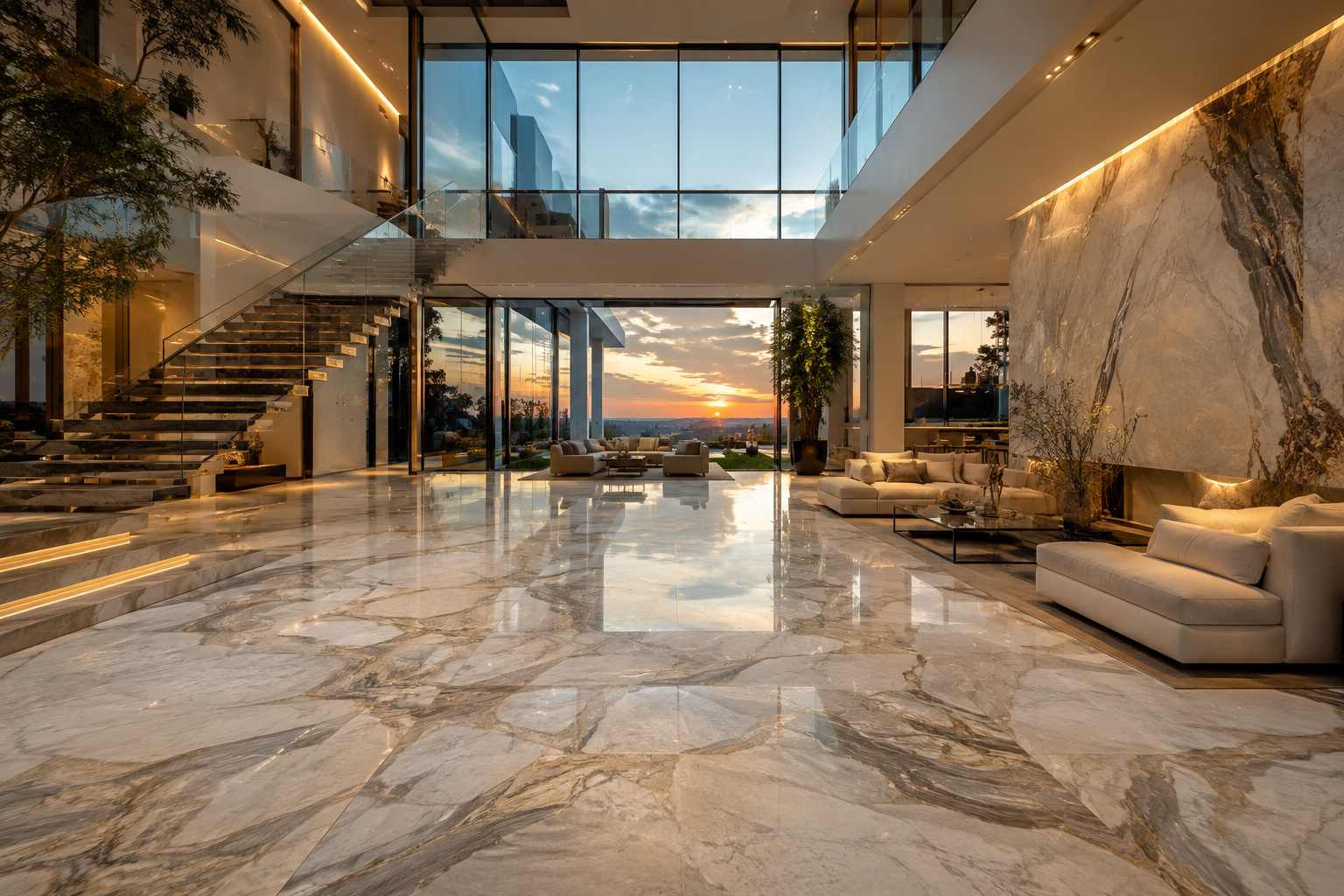 Luxury quartzite restoration by Mr. Marble & Stone in Vancouver and Los Angeles, featuring a modern mega mansion interior.