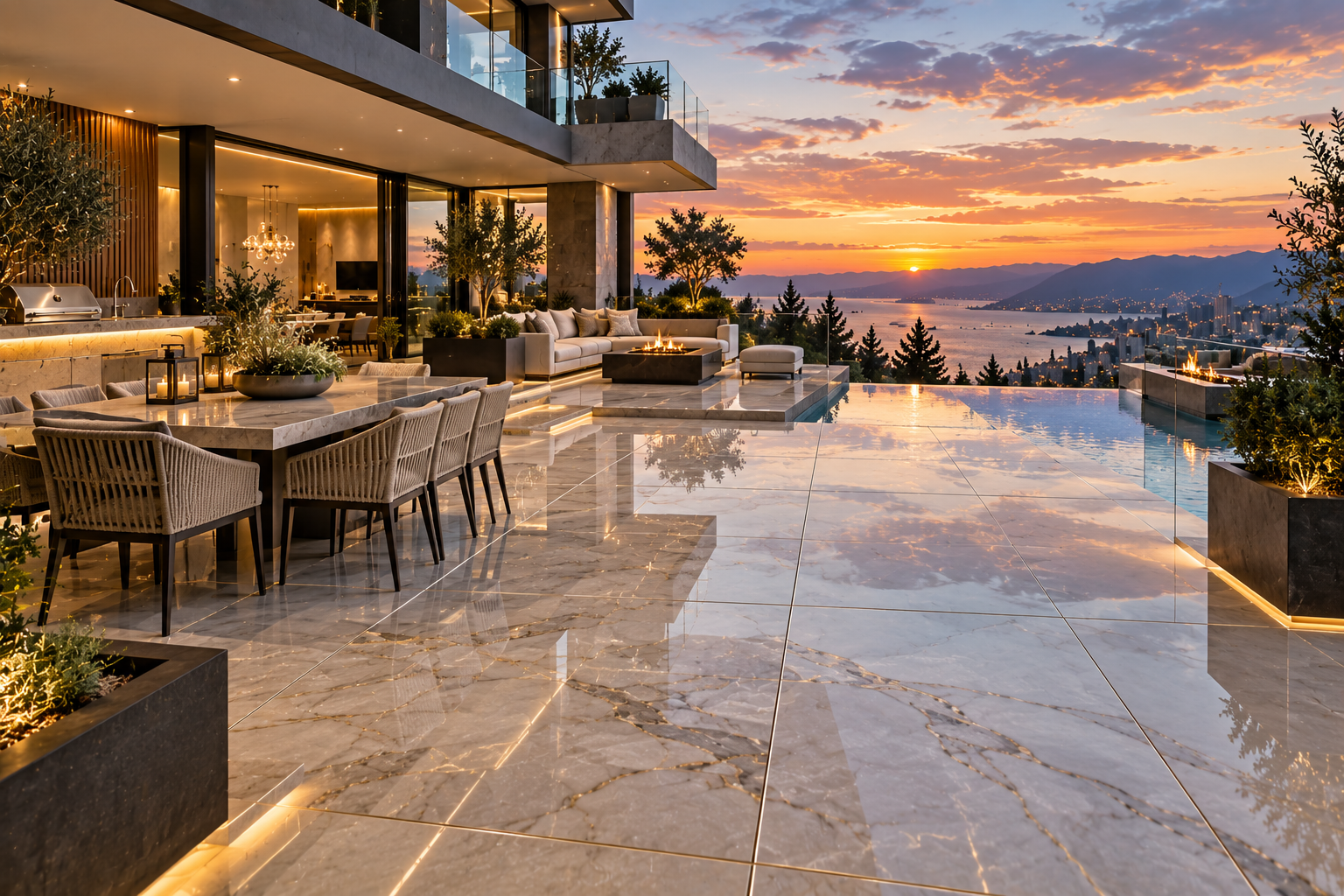 Luxury outdoor patio with professionally installed epoxy grout between premium tiles, creating clean, durable and weather-resistant joints by Mr. Marble and Stone in Vancouver and Los Angeles.