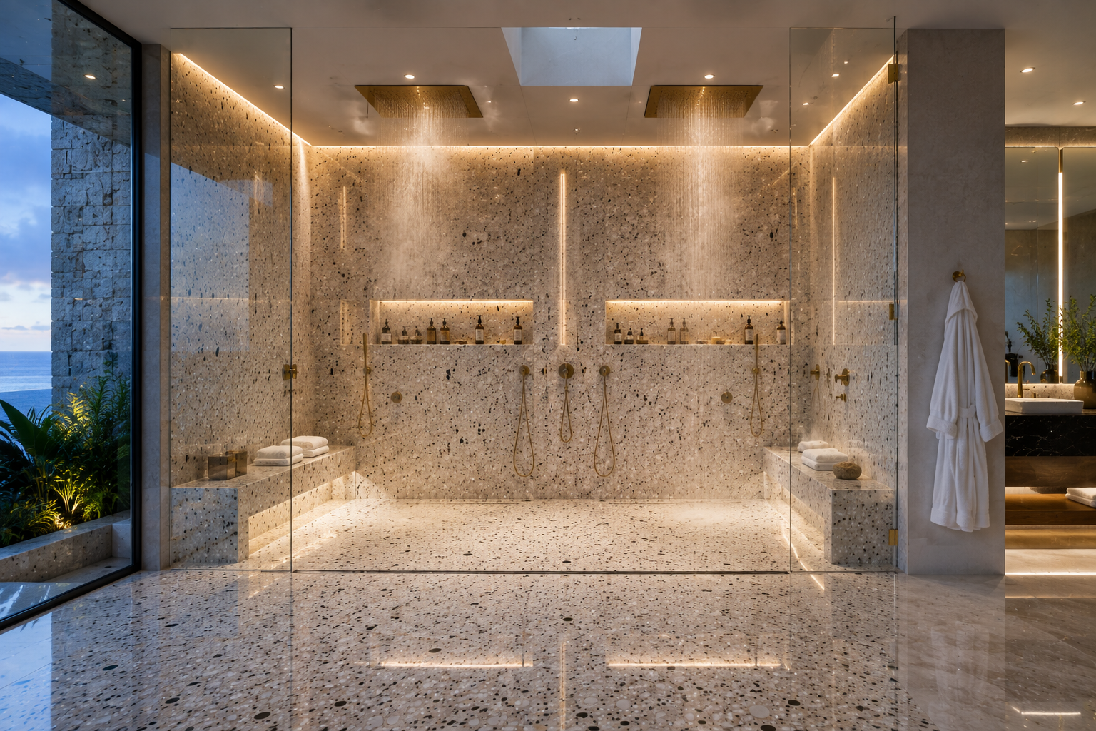 Terrazzo shower polishing, terrazzo shower cleaning, and terrazzo shower sealing by Mr. Marble and Stone in Vancouver and Los Angeles.