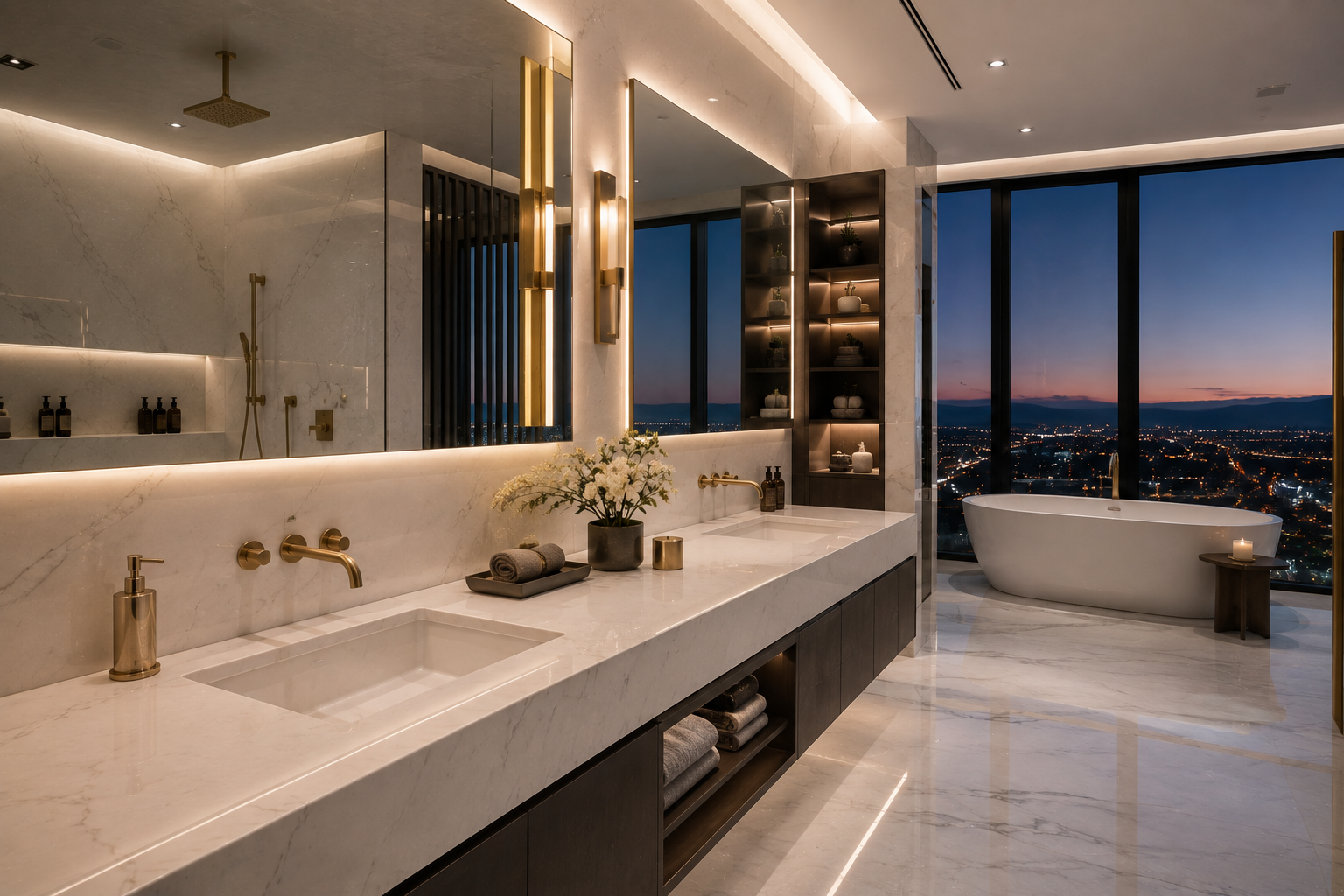Mr. Marble and Stone quartz vanity restoration in a luxury mega mansion bathroom in Los Angeles, California and Vancouver, British Columbia.