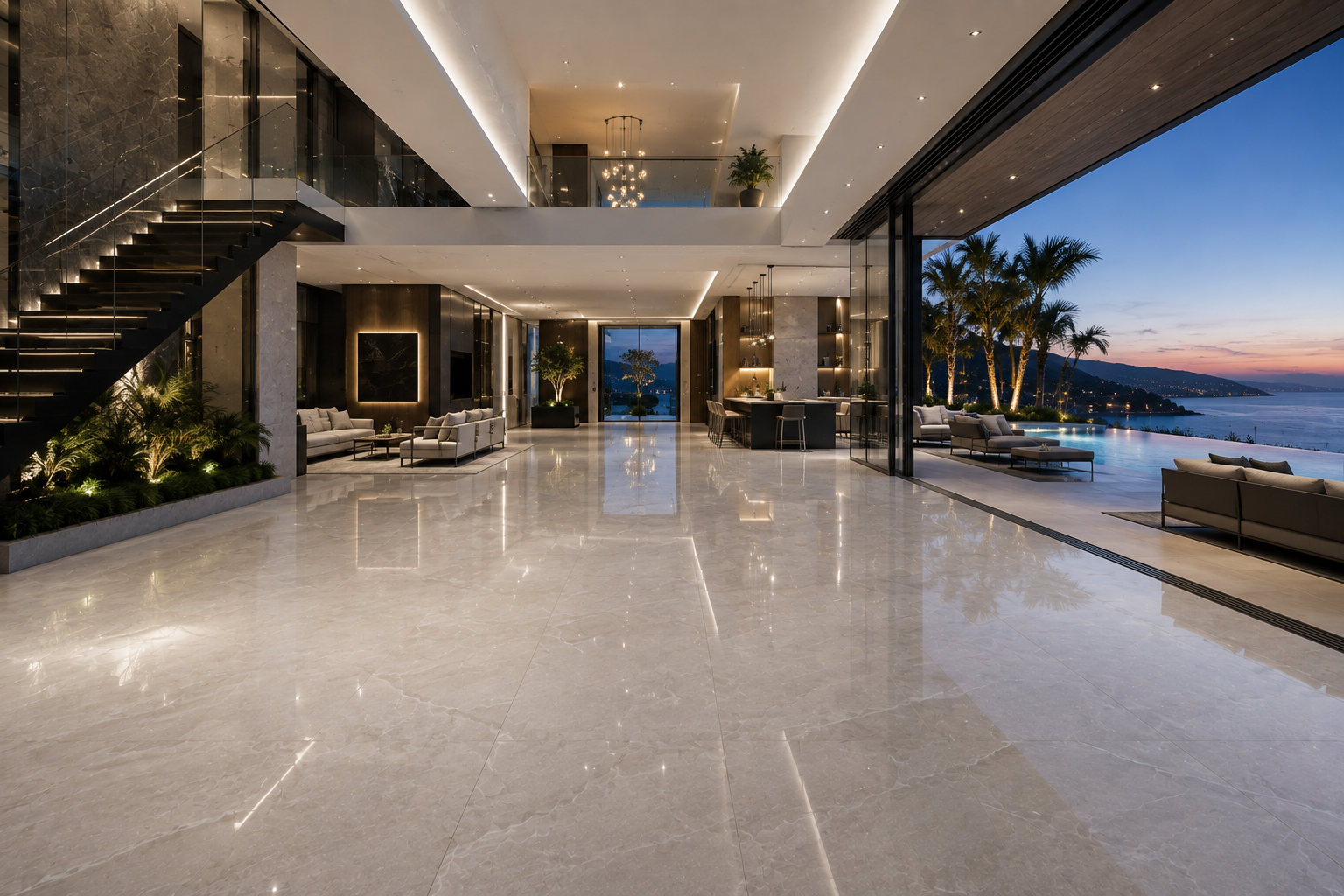 Luxury porcelain flooring polished by Mr. Marble & Stone in Vancouver and Los Angeles.