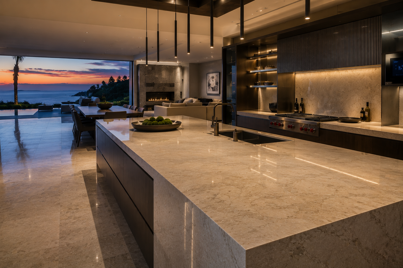 Luxury limestone countertop polishing by Mr. Marble and Stone, featuring professional limestone countertop polishing, limestone refinishing, natural stone polishing, and limestone sealing for luxury kitchens in Vancouver and Los Angeles.