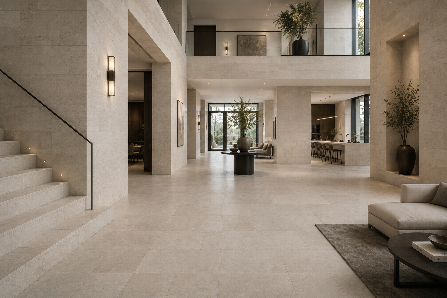Luxury limestone honing with a smooth matte finish throughout a modern limestone mansion. Professional honed limestone restoration by Mr. Marble and Stone in Vancouver, BC and Los Angeles, CA.