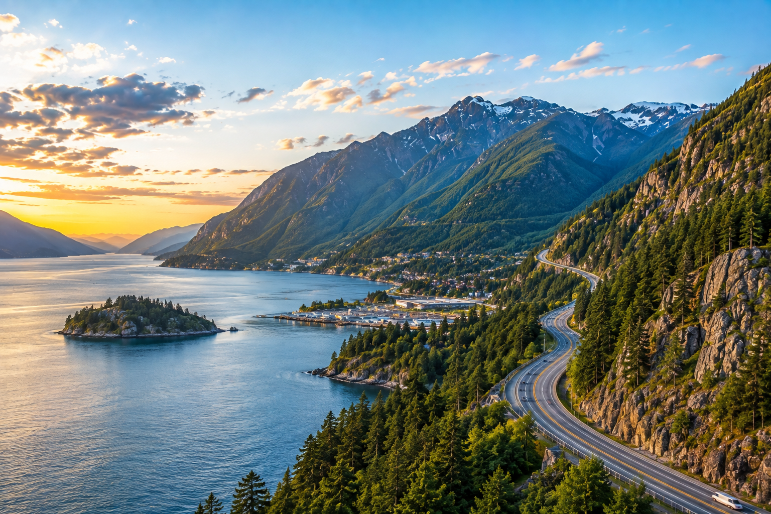Sea-to-Sky, British Columbia with rugged mountains, evergreen forests, and scenic coastal waters, representing Mr. Marble and Stone’s Sea-to-Sky service area.