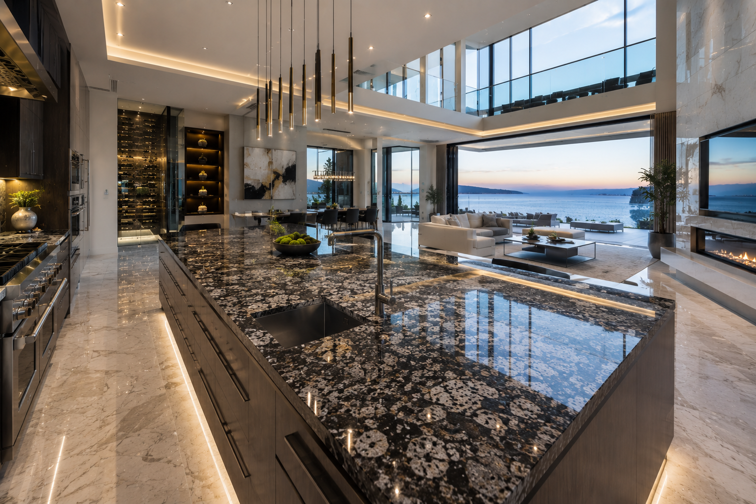 Professional granite countertop polishing on premium black natural granite in an ultra-luxury modern mansion kitchen with a high-gloss finish, custom stone island, and panoramic waterfront views.