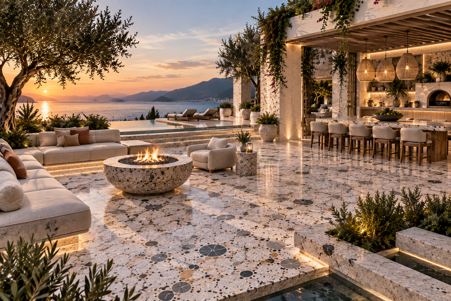 Custom terrazzo patio featuring terrazzo flooring, terrazzo aggregate, terrazzo stone chips, and a polished terrazzo finish by Mr. Marble and Stone in Vancouver and Los Angeles.