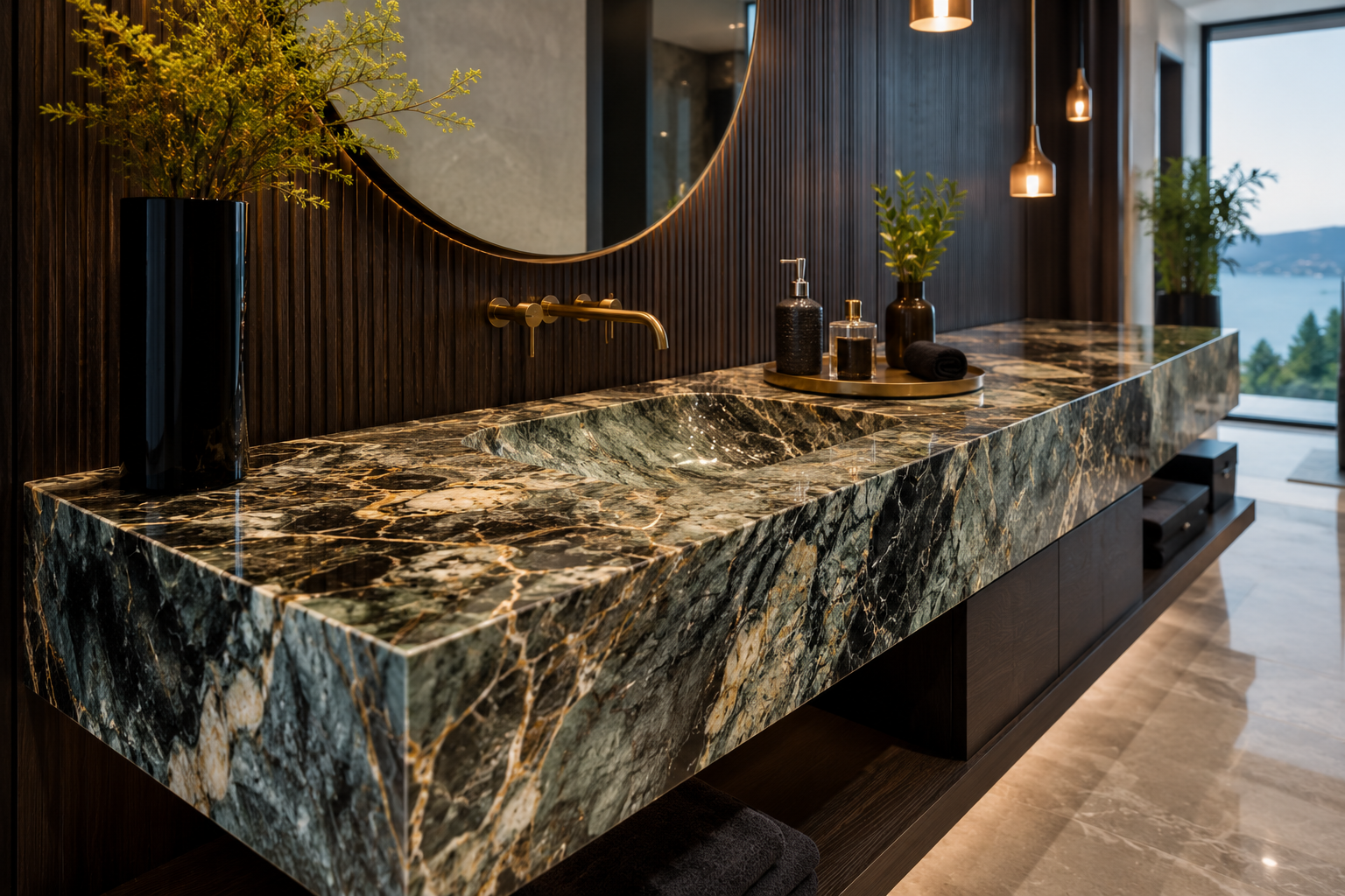 Granite vanity polishing featuring polished Verde Alpi granite countertops in a luxury modern bathroom with a floating vanity, custom cabinetry, and premium natural stone finishes.