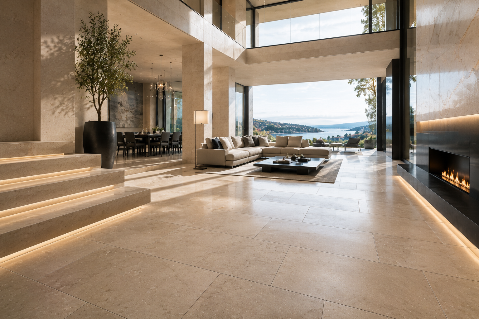 Luxury limestone tile leveling and lippage correction in a modern limestone mansion with perfectly level natural stone flooring. Professional limestone floor restoration by Mr. Marble and Stone in Vancouver, BC and Los Angeles, CA.