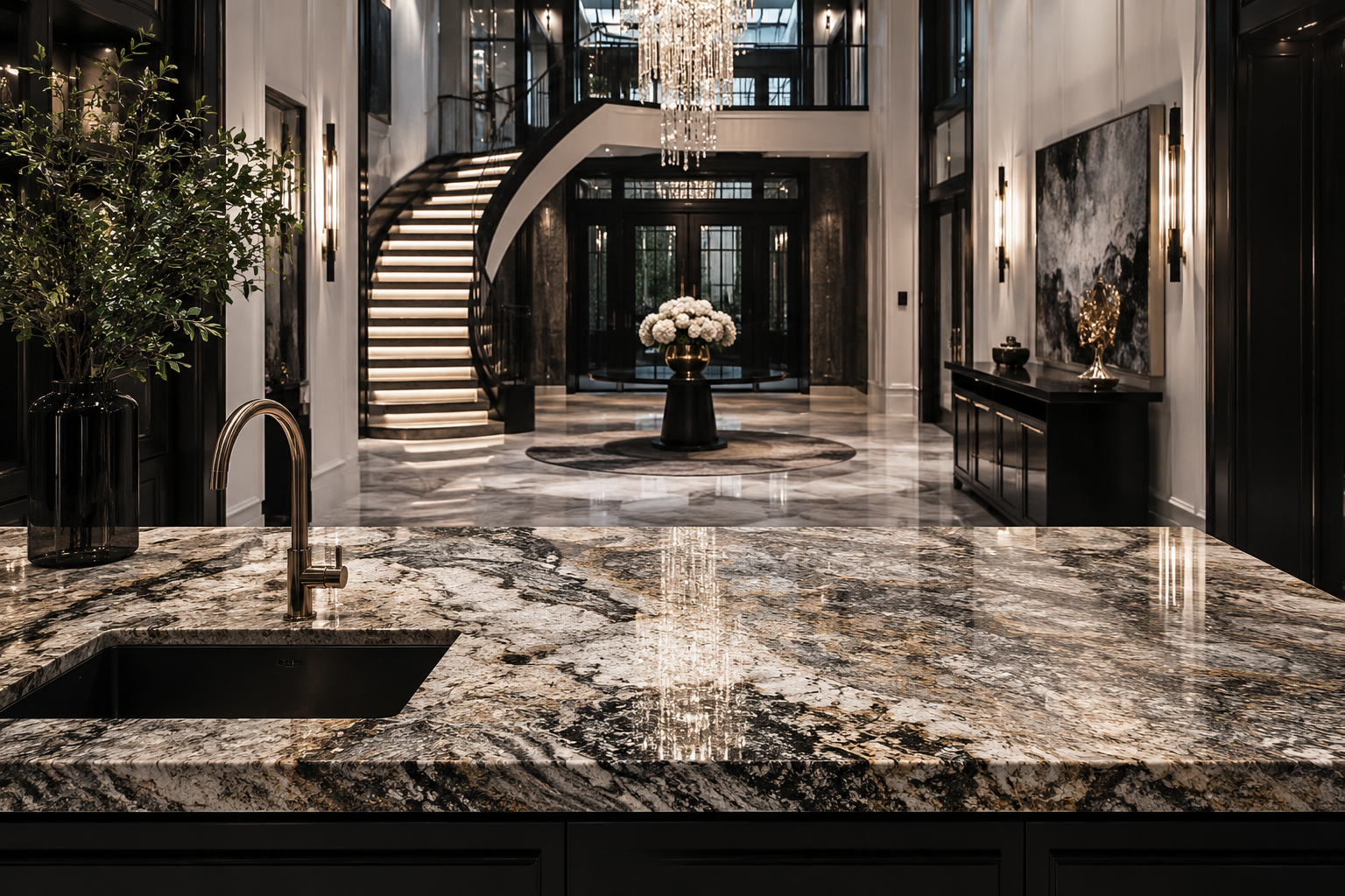 Luxury sealed granite countertop with dramatic natural veining in a modern mansion kitchen overlooking an elegant grand foyer with marble floors, a floating staircase, and a crystal chandelier.