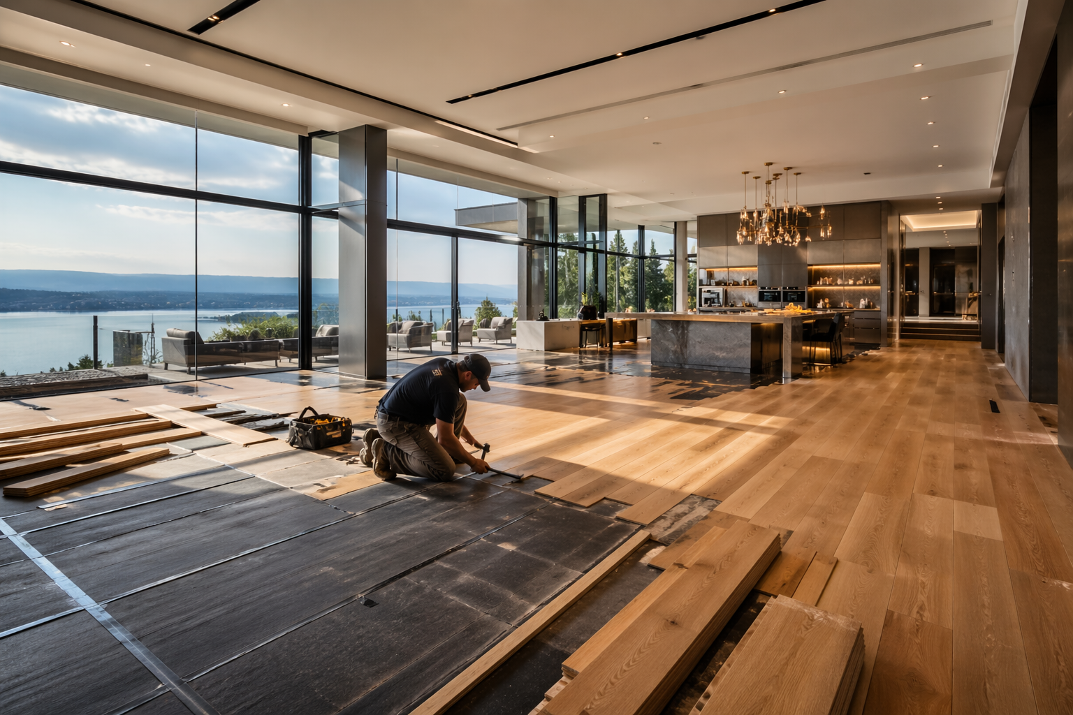 Hardwood floor replacement in Vancouver featuring removal of old flooring, subfloor repair, new hardwood installation, and premium finishes for high-end residential renovations