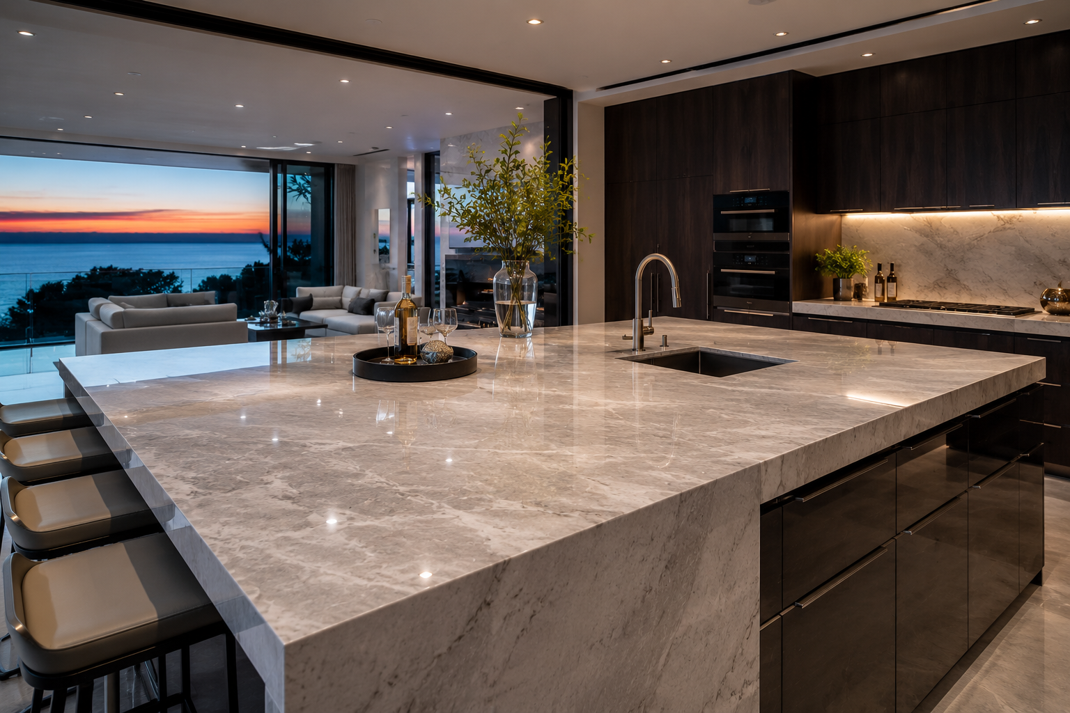Mr. Marble and Stone providing professional engineered stone polishing services for a luxury kitchen island in Vancouver, BC.