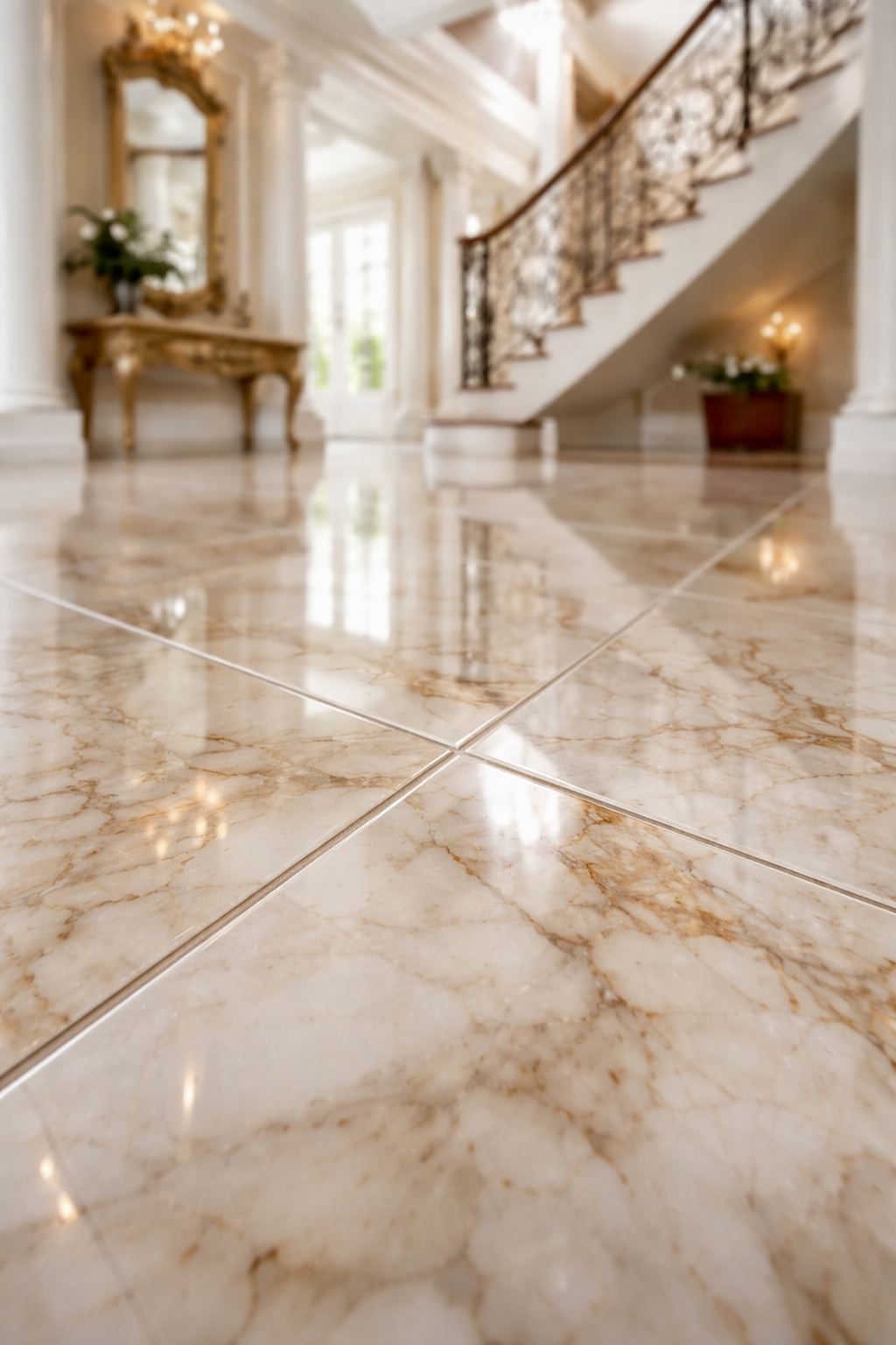 Mr. Marble and Stone marble floor polishing, marble restoration, and natural stone refinishing in a luxury home with an elegant staircase, serving Vancouver and Los Angeles.