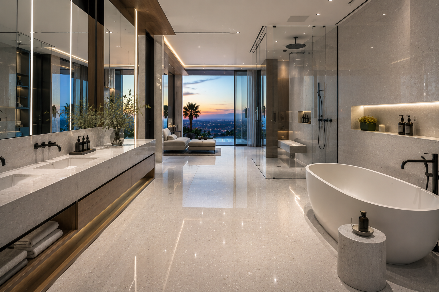 Engineered stone bathroom sealing by Mr. Marble and Stone in luxury Vancouver and Los Angeles homes.