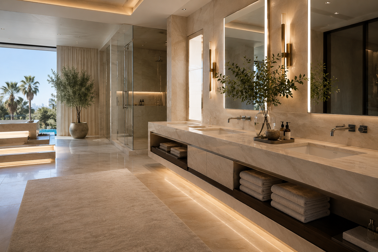 Luxury limestone vanity restoration in a modern spa-inspired bathroom. Professional limestone restoration by Mr. Marble and Stone in Vancouver, BC and Los Angeles, CA.