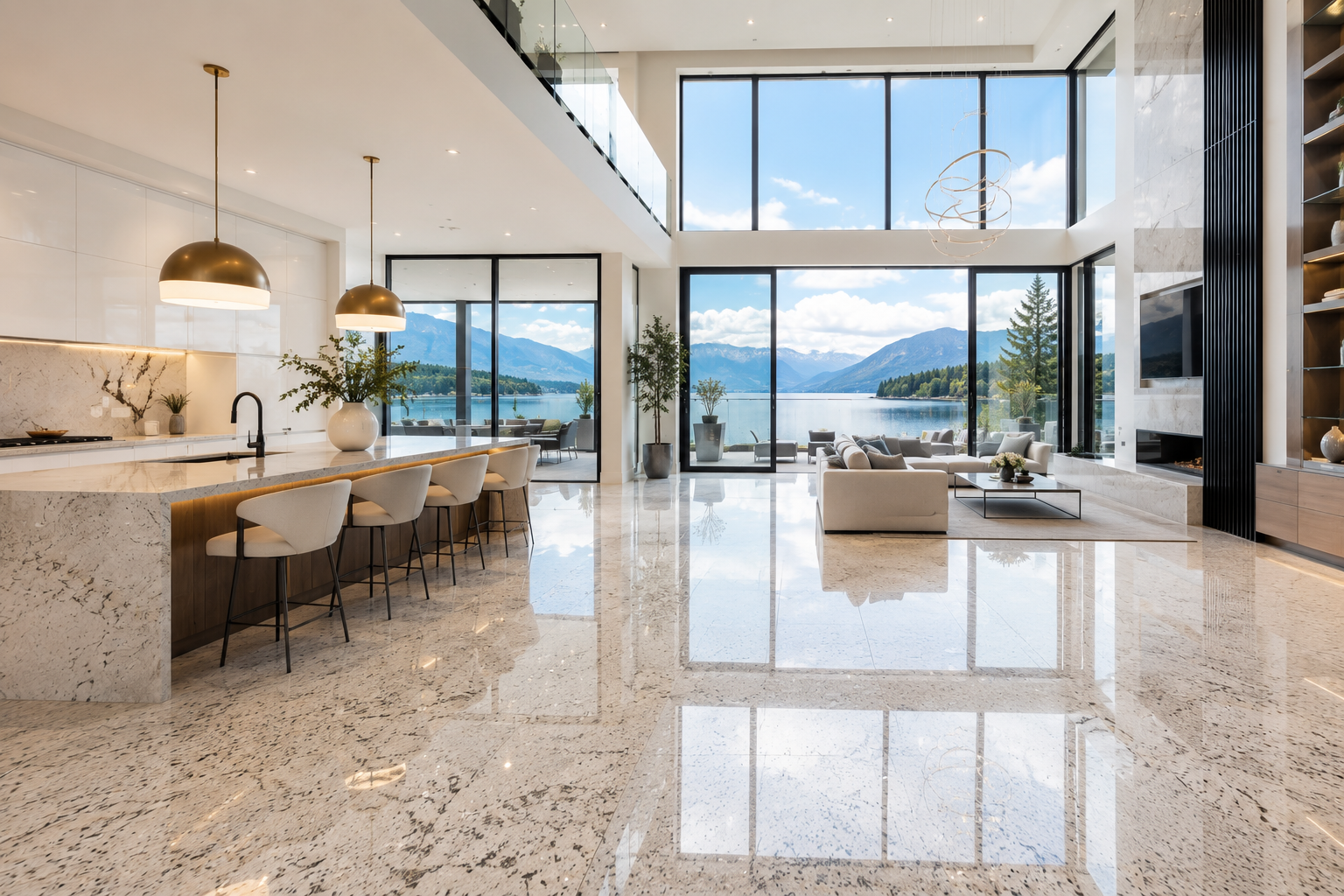 Professional granite floor sealing on polished natural granite floors in a luxury modern mansion with an open-concept kitchen, elegant living room, and panoramic waterfront views.