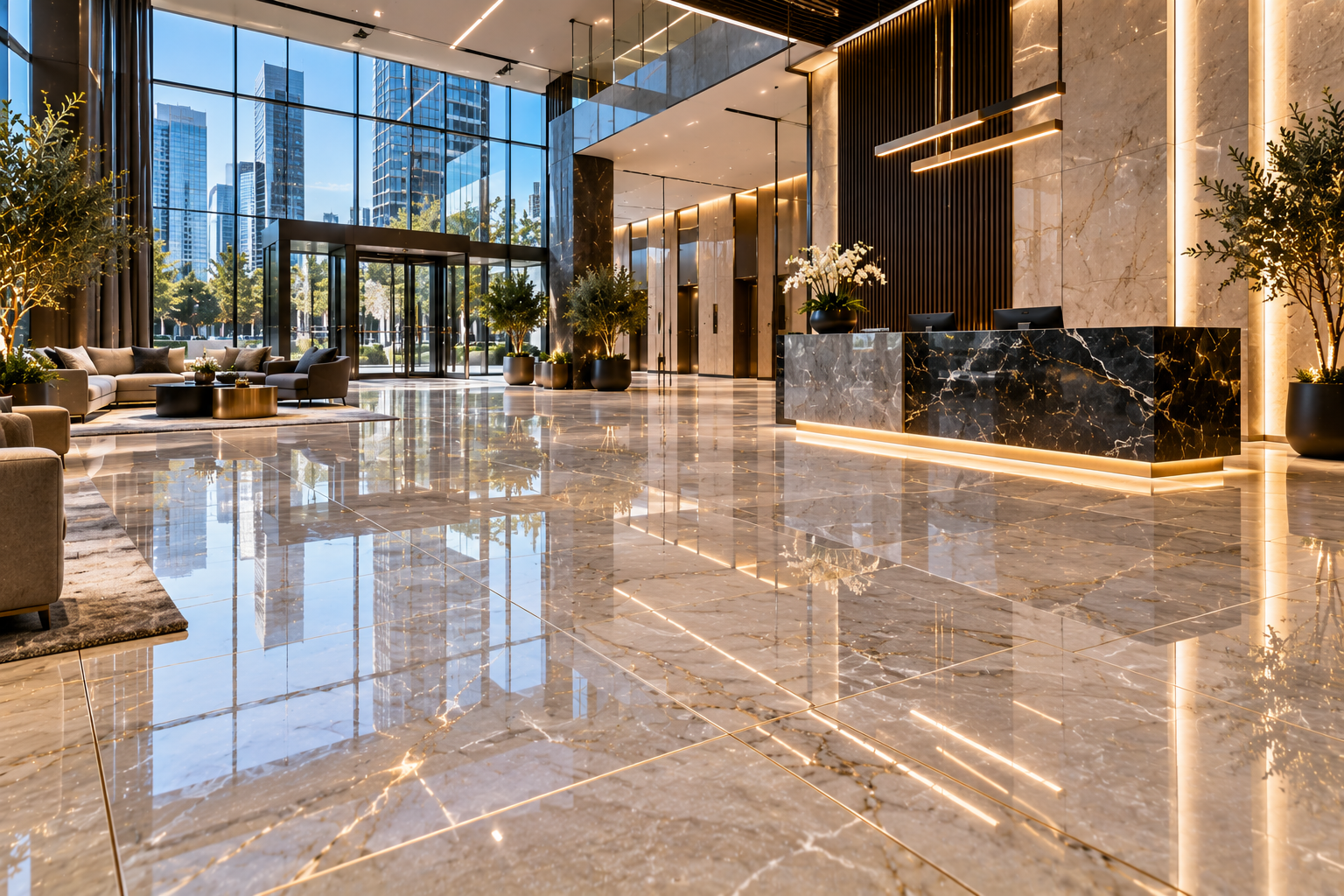 Commercial tile flooring with professionally installed epoxy grout, delivering durable, stain-resistant joints by Mr. Marble and Stone in Vancouver and Los Angeles.
