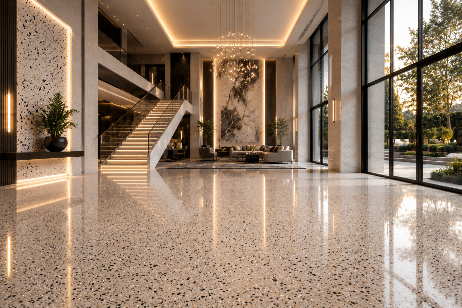 Terrazzo maintenance and care, terrazzo cleaning, terrazzo polishing, and terrazzo sealing by Mr. Marble and Stone in Vancouver and Los Angeles.