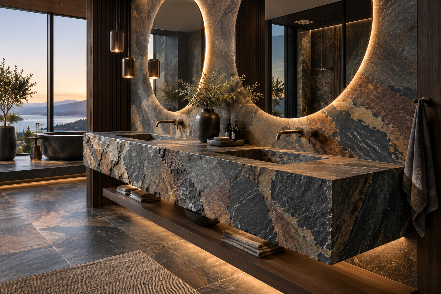 Slate vanity installation by Mr. Marble & Stone in Vancouver and Los Angeles, featuring premium slate stone, custom fabrication, precision installation, and refined slate finishes for luxury bathrooms.