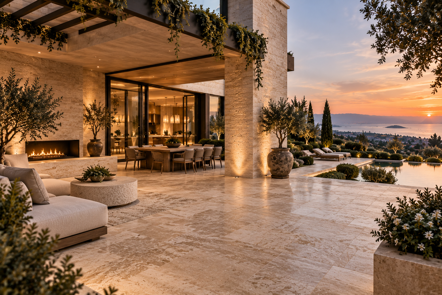 Travertine patio installation in Vancouver and Los Angeles, featuring custom travertine pavers, outdoor stone decking, poolside paving, exterior flooring, and detailed stone installation by Mr. Marble & Stone.