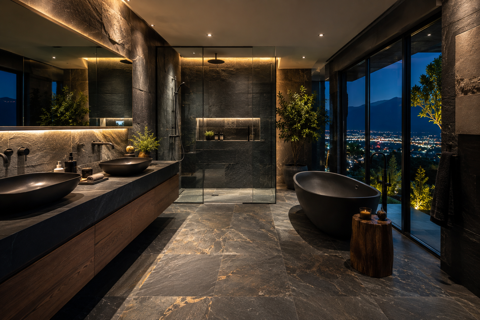 Luxury slate bathroom restoration by Mr. Marble and Stone, reviving the natural beauty, texture, and appearance of slate bathroom surfaces in Vancouver and Los Angeles.