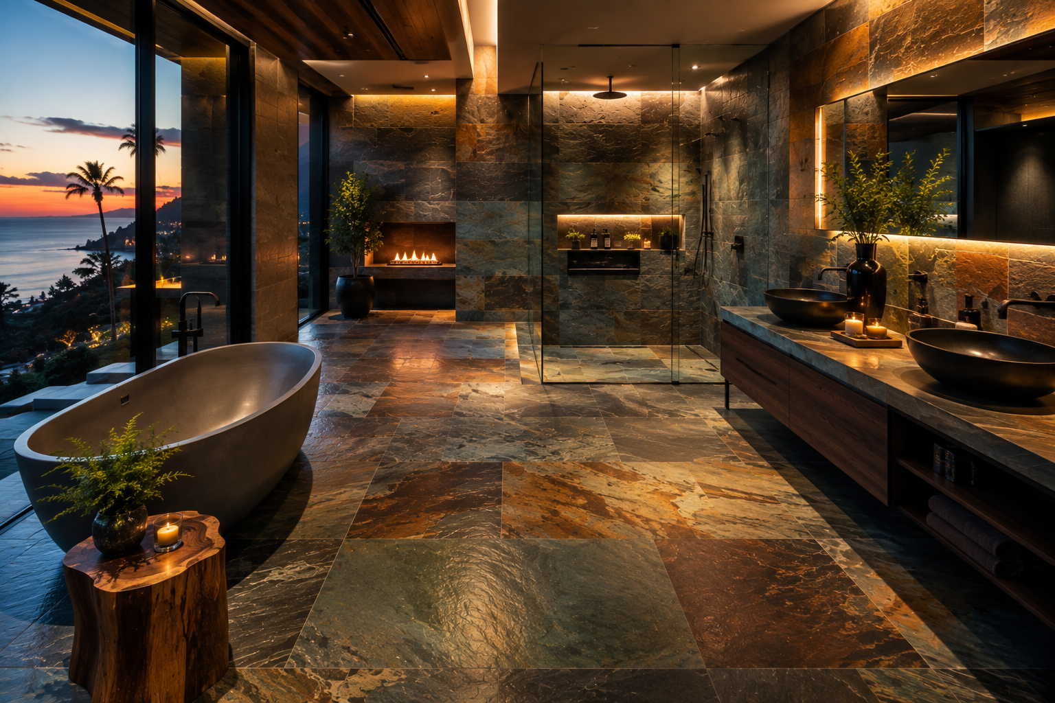 Luxury slate bathroom sealing by Mr. Marble and Stone, helping protect natural slate surfaces from moisture and everyday use in Vancouver and Los Angeles.