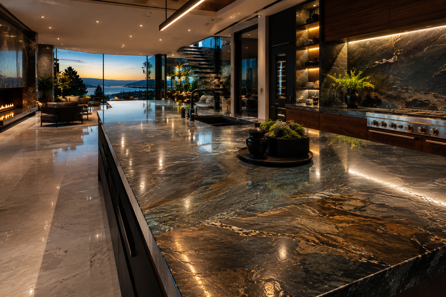 Luxury slate countertop polishing by Mr. Marble and Stone, enhancing the natural colour, depth, and refined finish of slate countertops in Vancouver and Los Angeles.