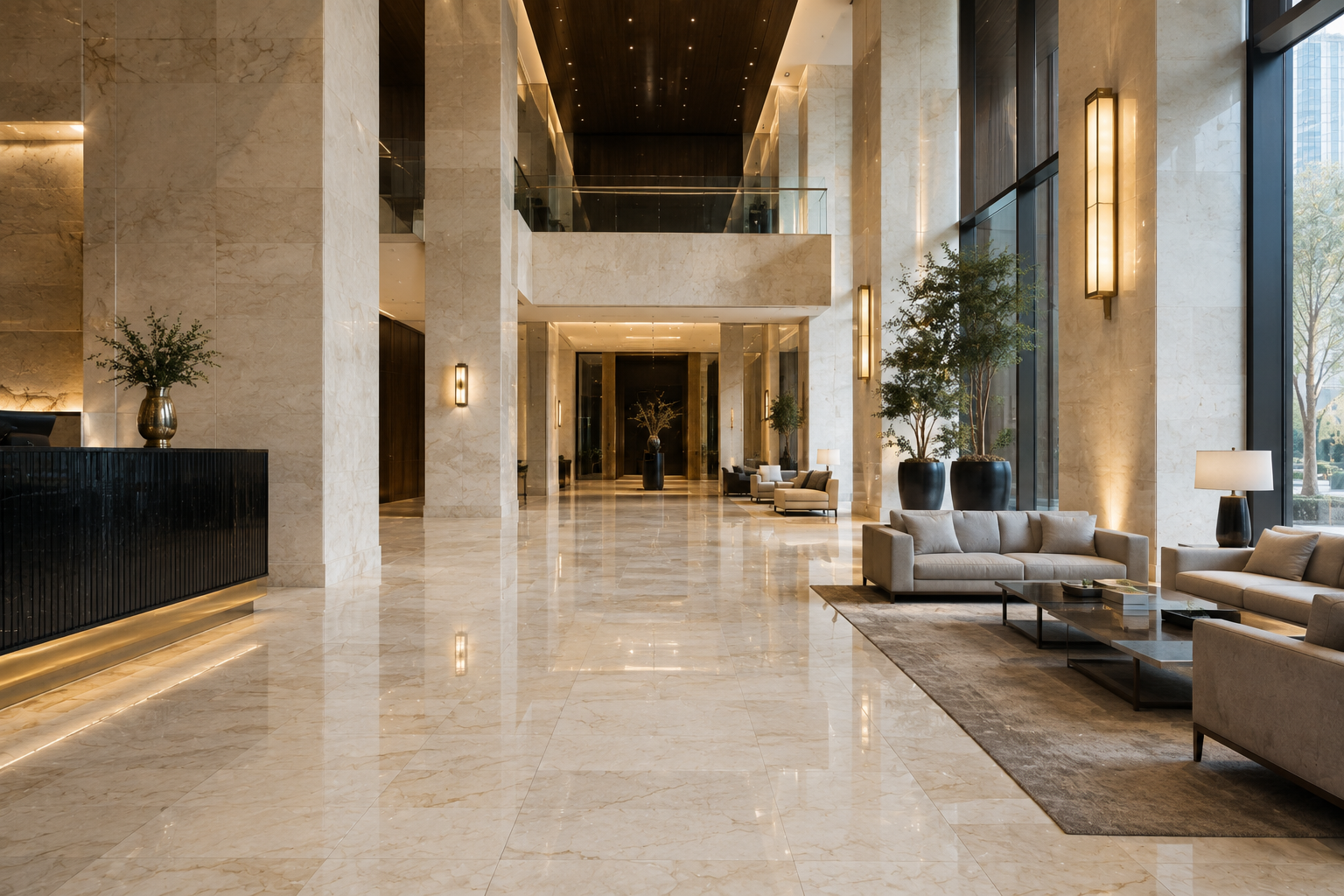 Luxury commercial limestone restoration in a modern limestone hotel lobby with polished limestone floors and walls. Professional commercial limestone restoration by Mr. Marble and Stone in Vancouver, BC and Los Angeles, CA.