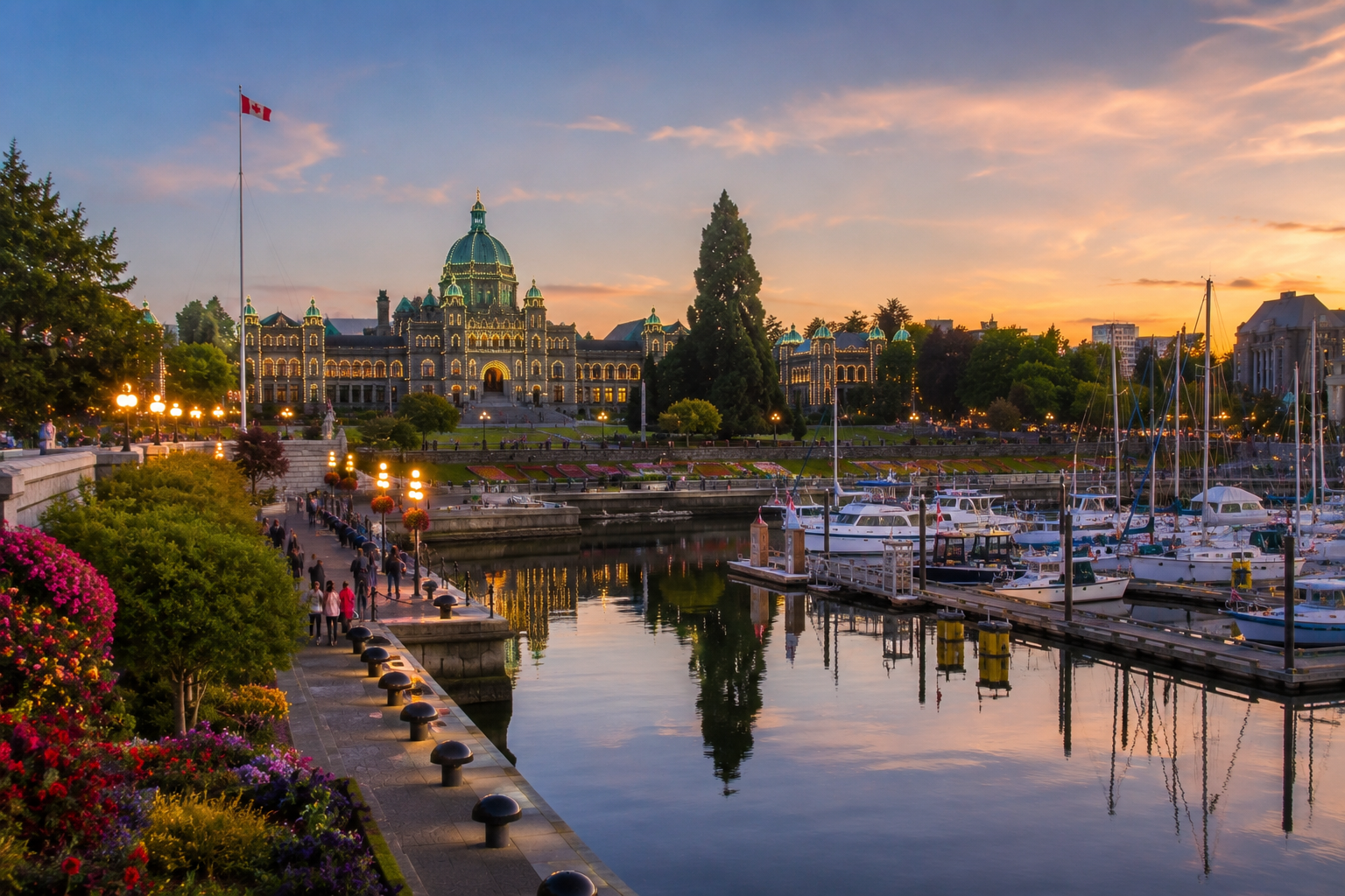 Victoria, British Columbia waterfront with historic architecture, elegant harbor views, lush gardens, and coastal scenery, representing Mr. Marble and Stone’s Victoria service area.